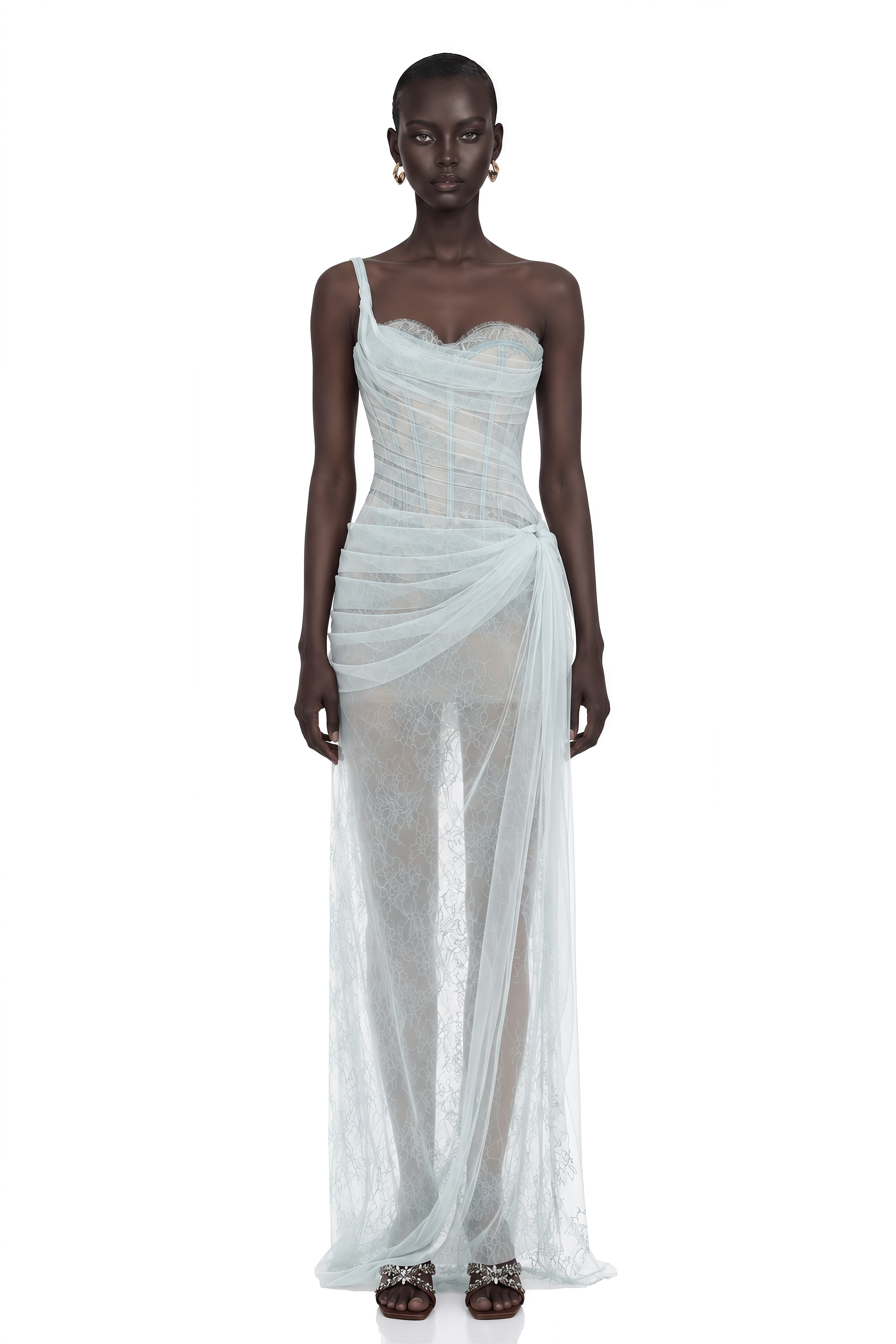 Juno Blue Pleated Mesh Midi Dress