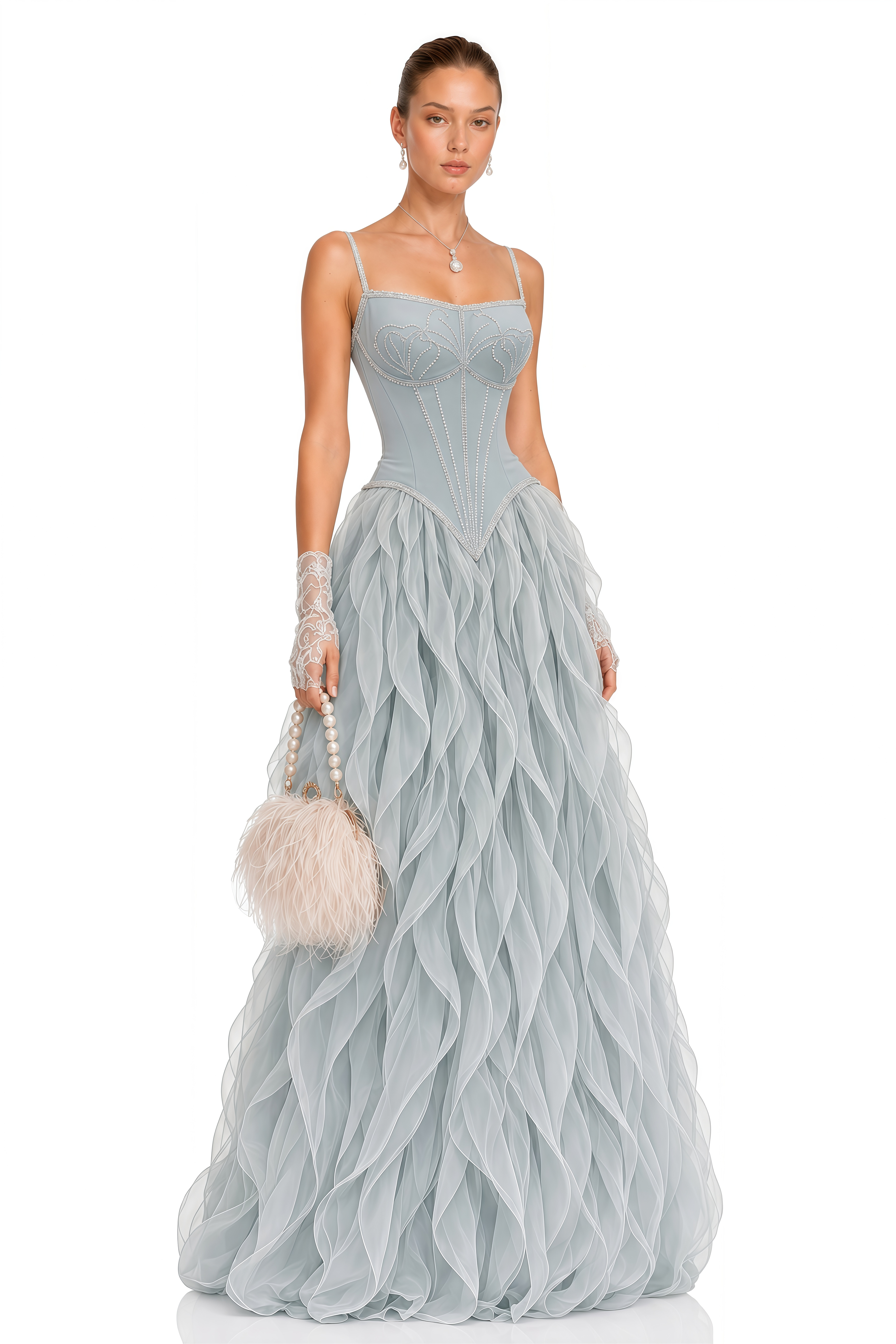 Ianthe Dusty Blue Ruffled Tulle Maxi Dress (Without Gloves)