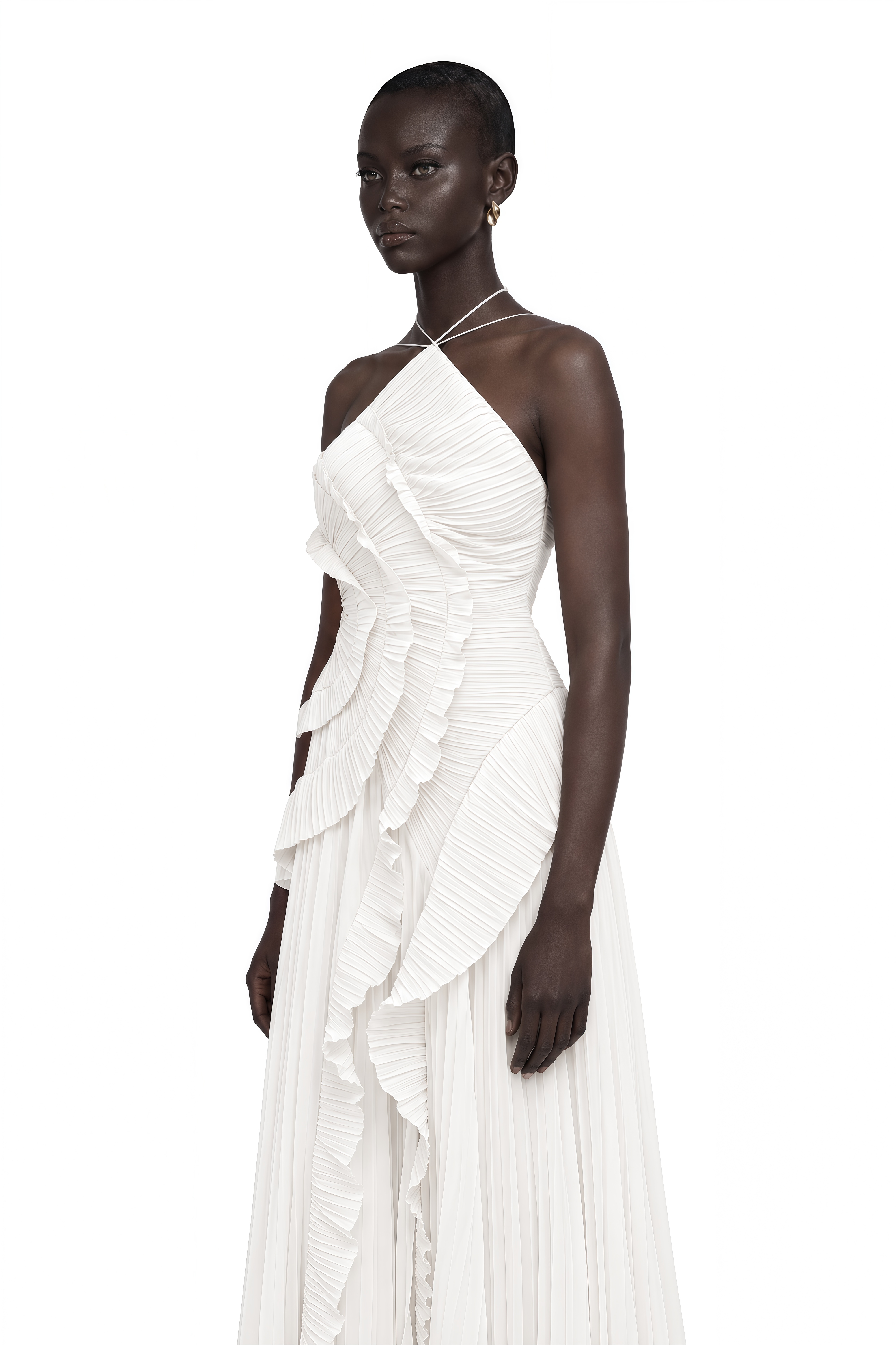 Doux White Ruffled Trim Pleated Midi Dress