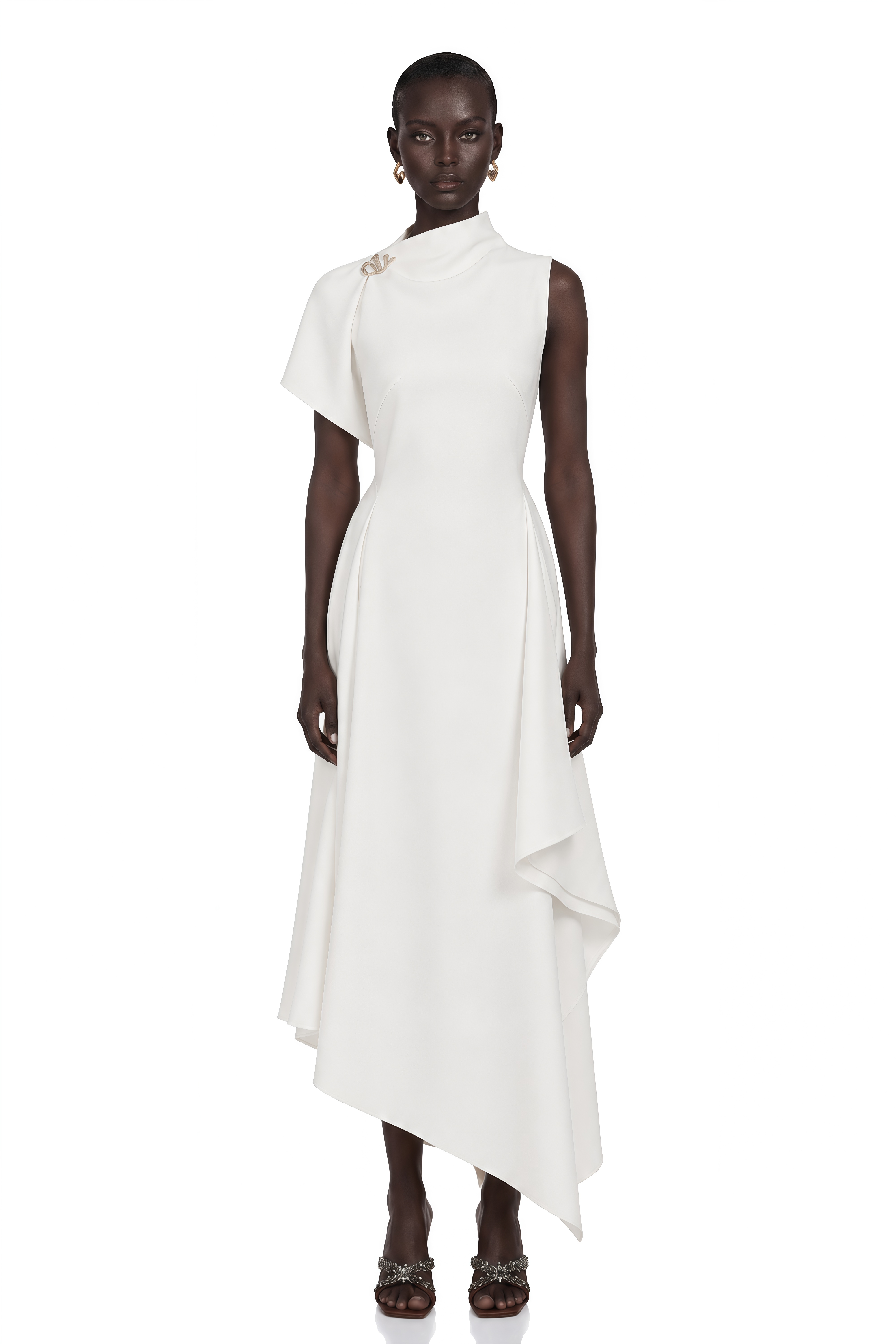 Liana White Asymmetrical Flared Midi Dress