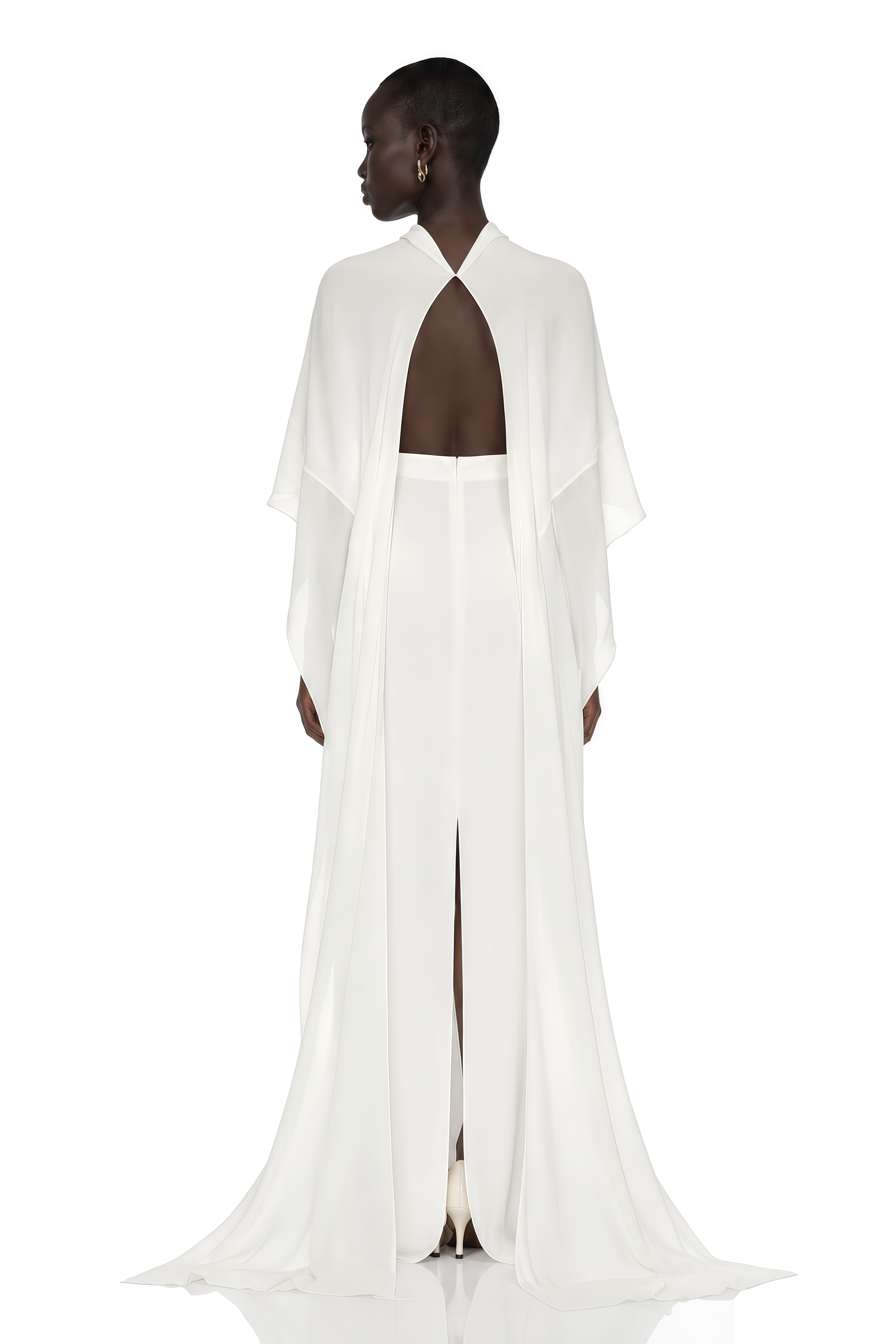 Lebeda White Backless Maxi Dress with Cape