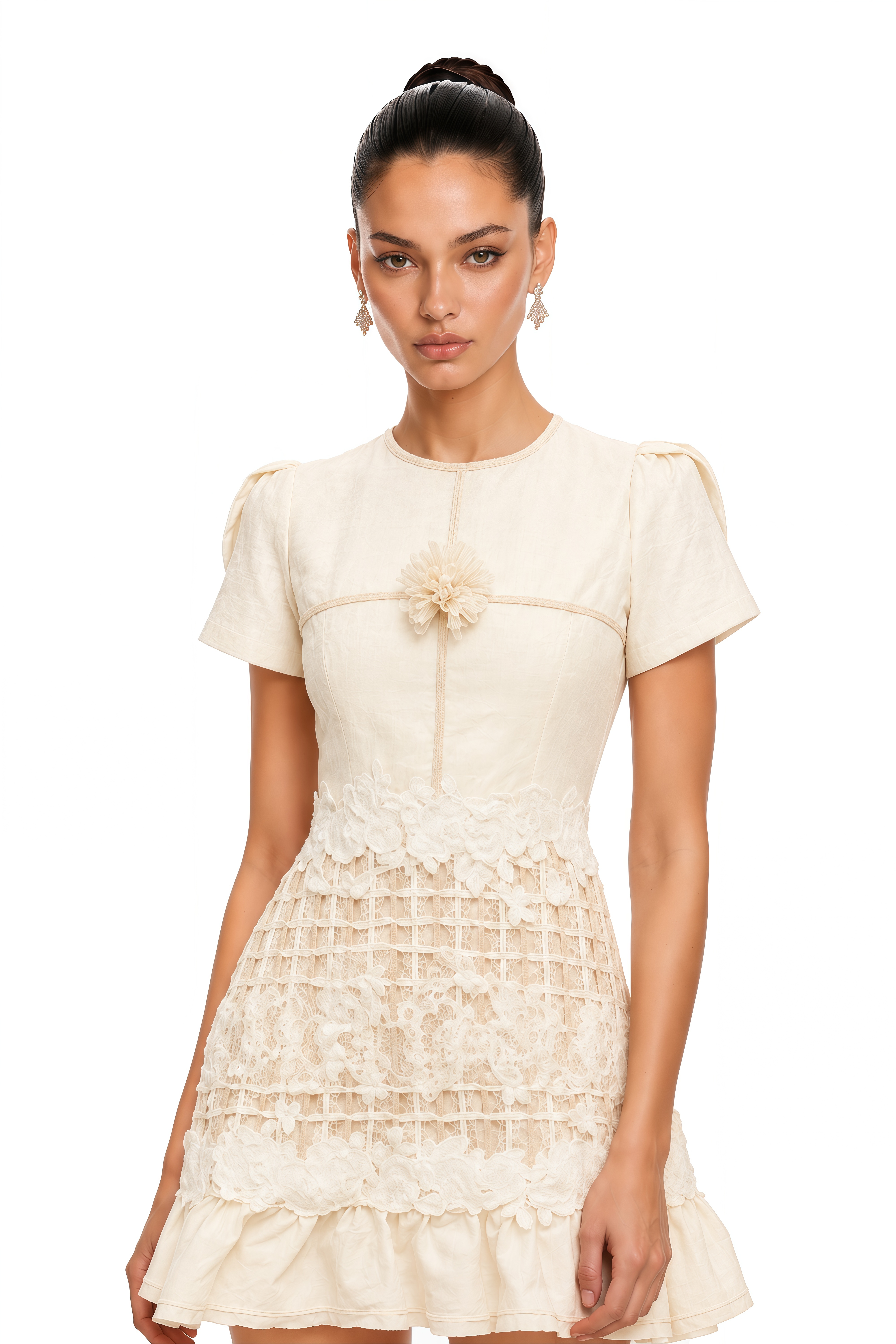 Bianka Neutral Crochet Floral Mini Dress