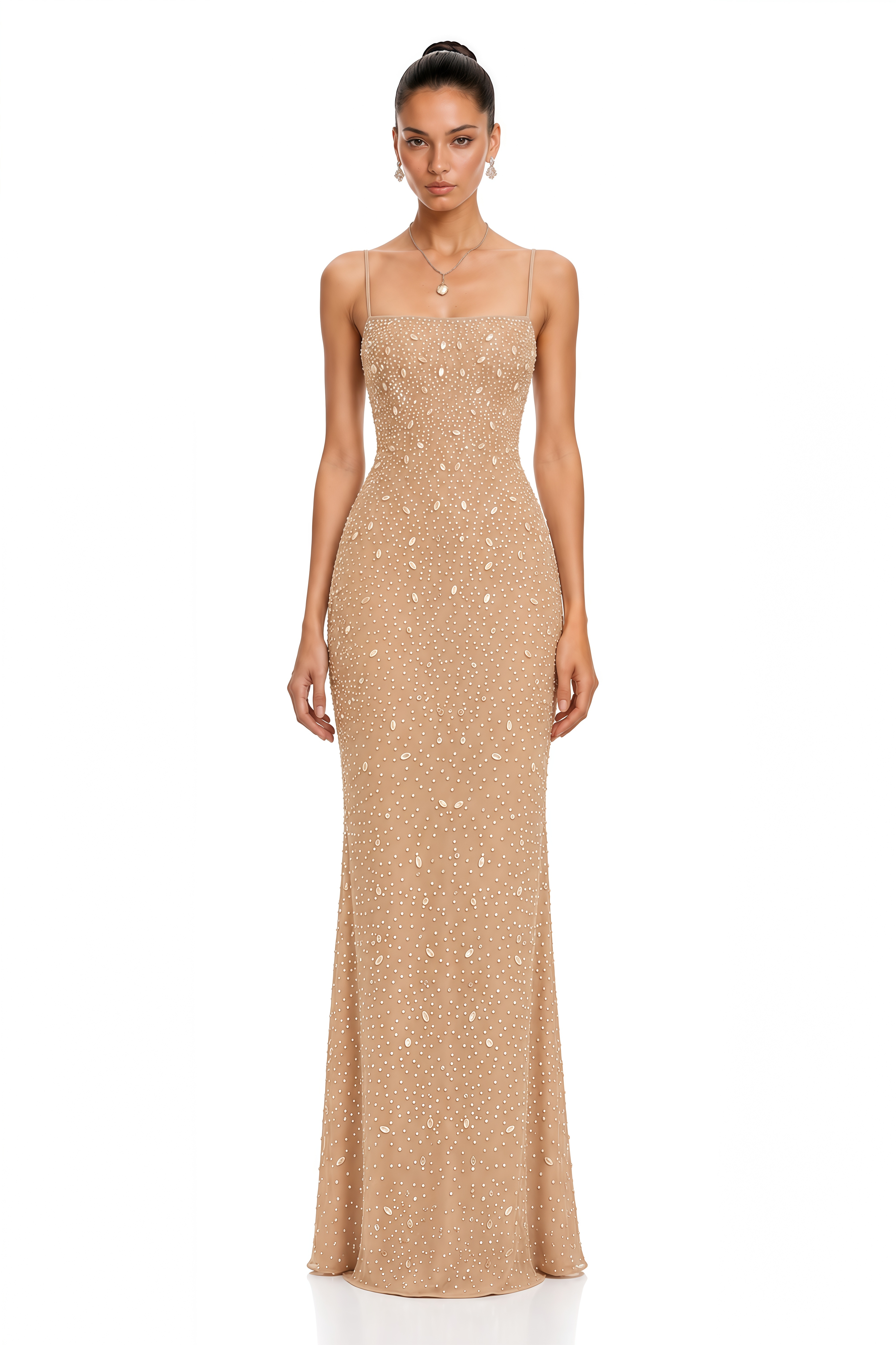 Ottilie Neutral Open Back Embellished Maxi Dress