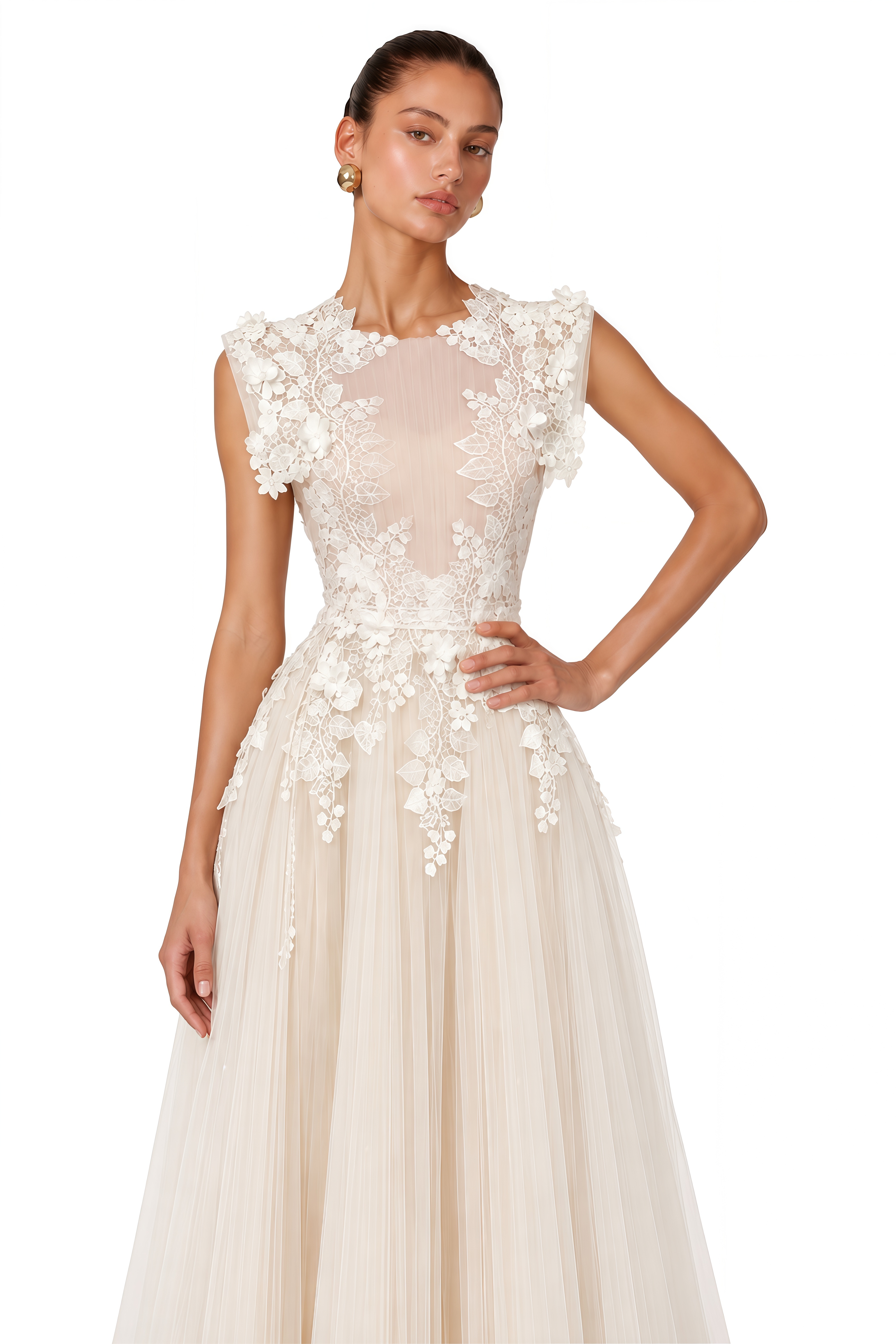 Annabelle Flower-appliqué Tulle Midi Dress (Without Belt)