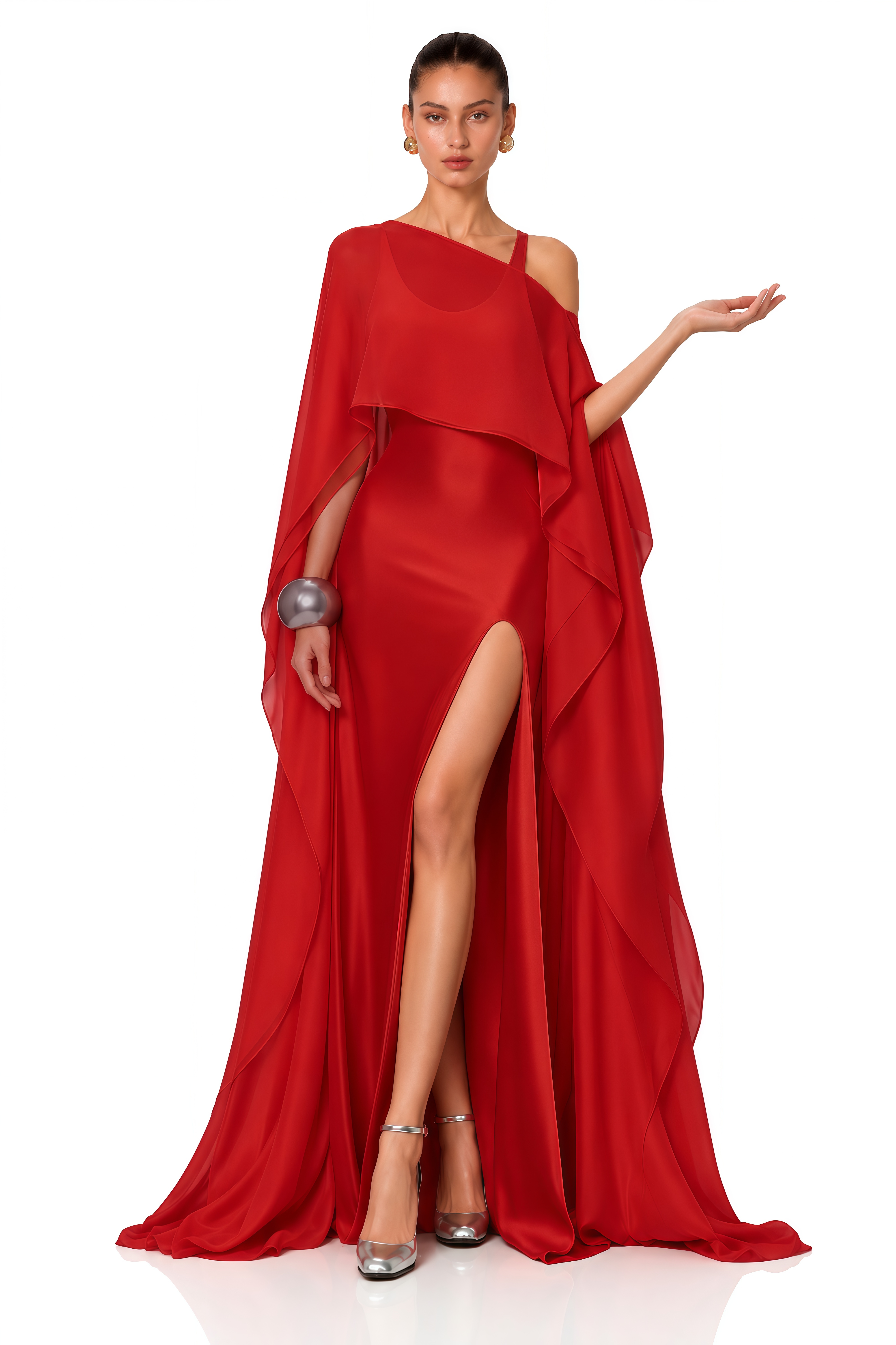 Rosana Red Tiered Cape Maxi Dress with High Slit