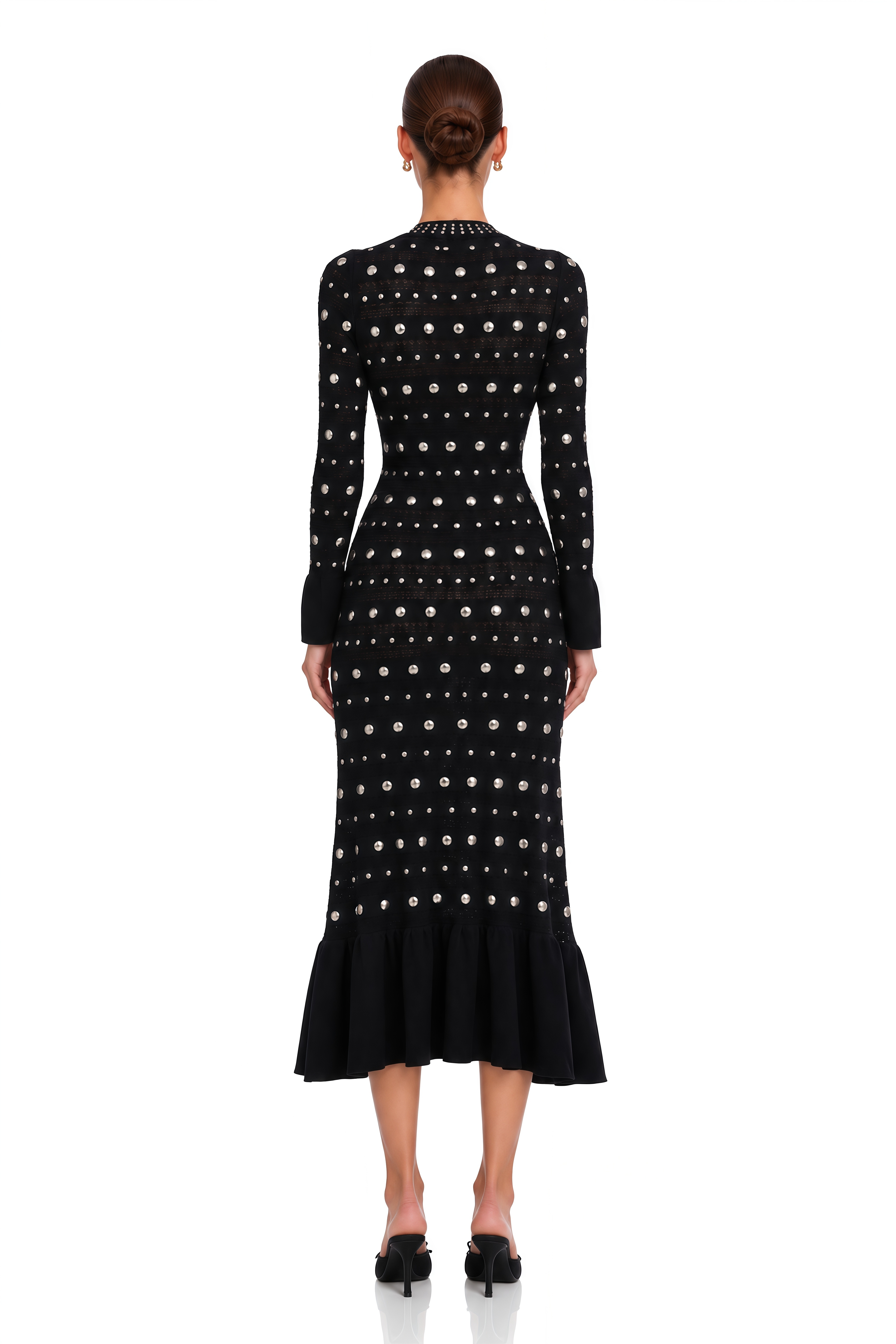 Chloé Black Long Sleeve Studded Crochet Knit Midi dress