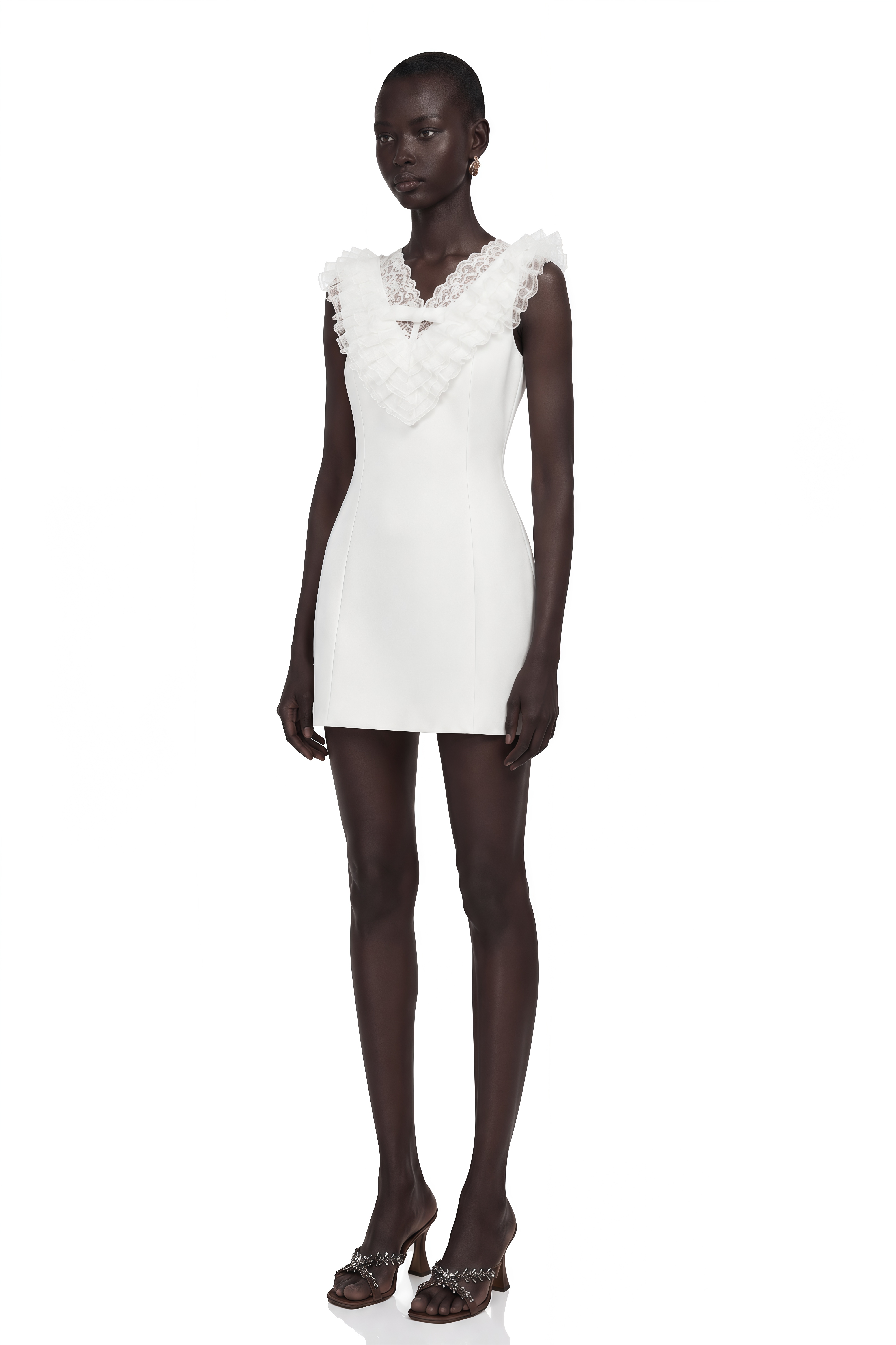 Elisabeth White V-Neck Mini Dress with Lace Panels