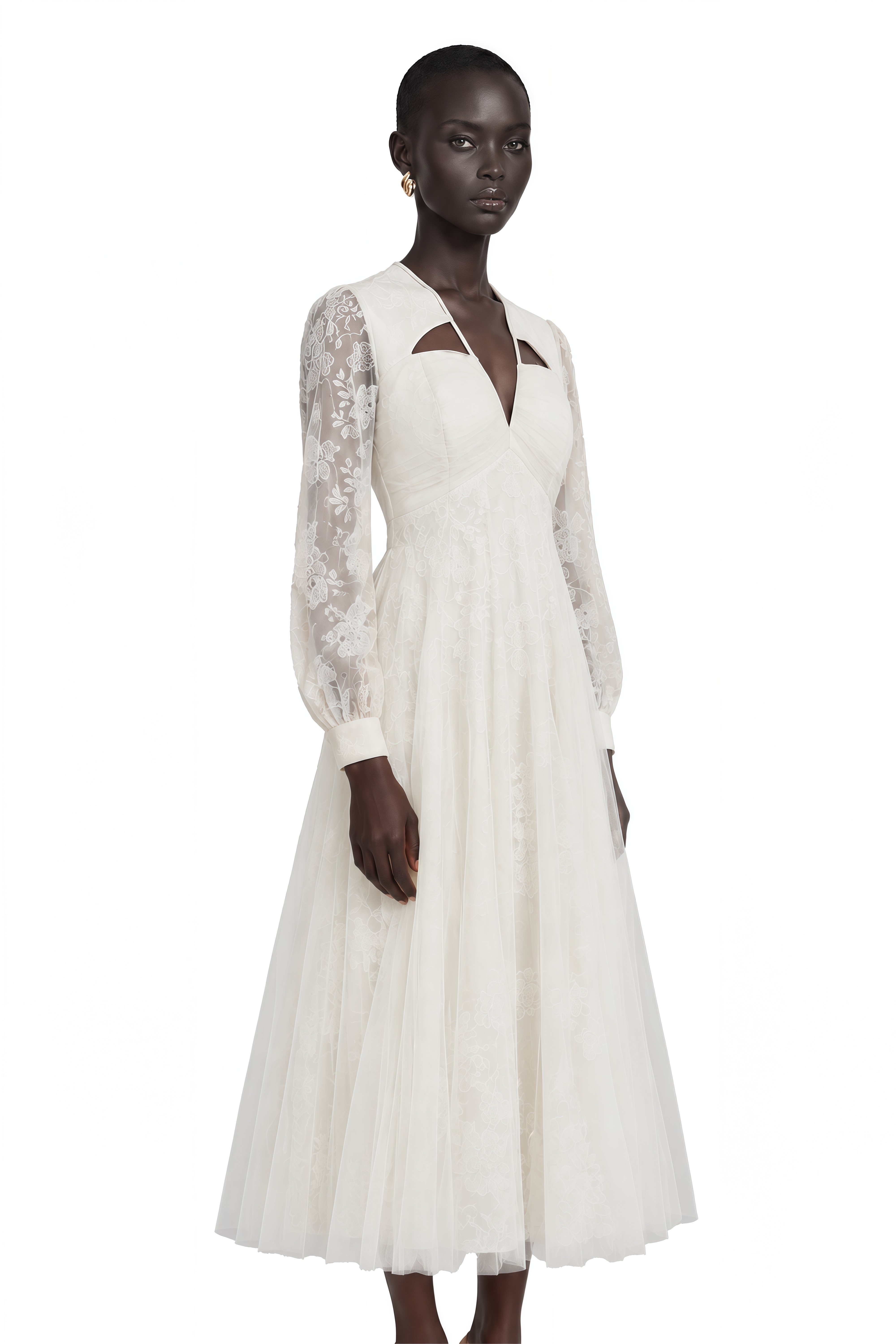 Eirlys White Floral Lace Tulle Midi Dress