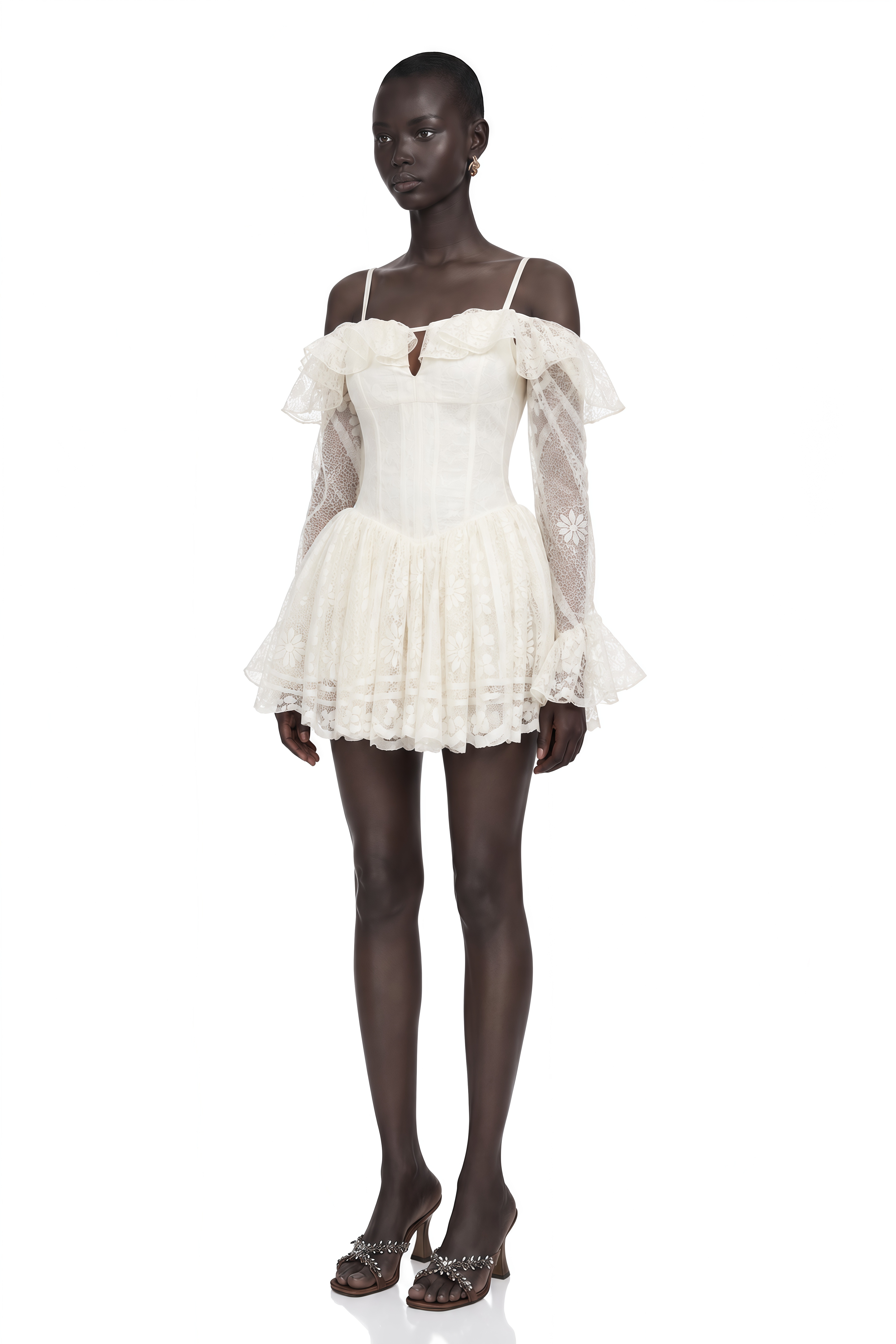 Omphale Neutral Floral Lace Ruffled Mini Dress