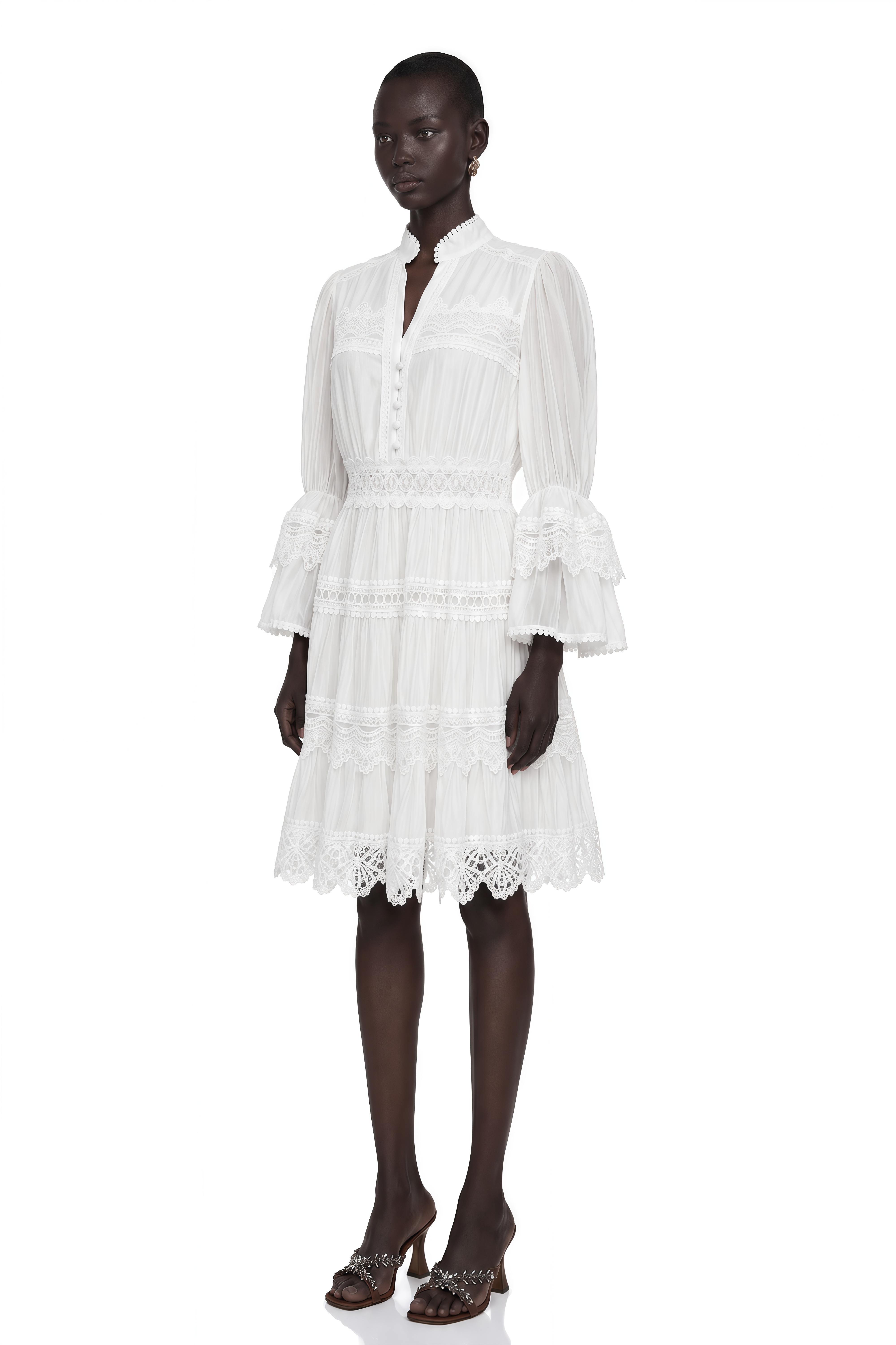 Hespera White Ruffled Floral Lace Mini Dress