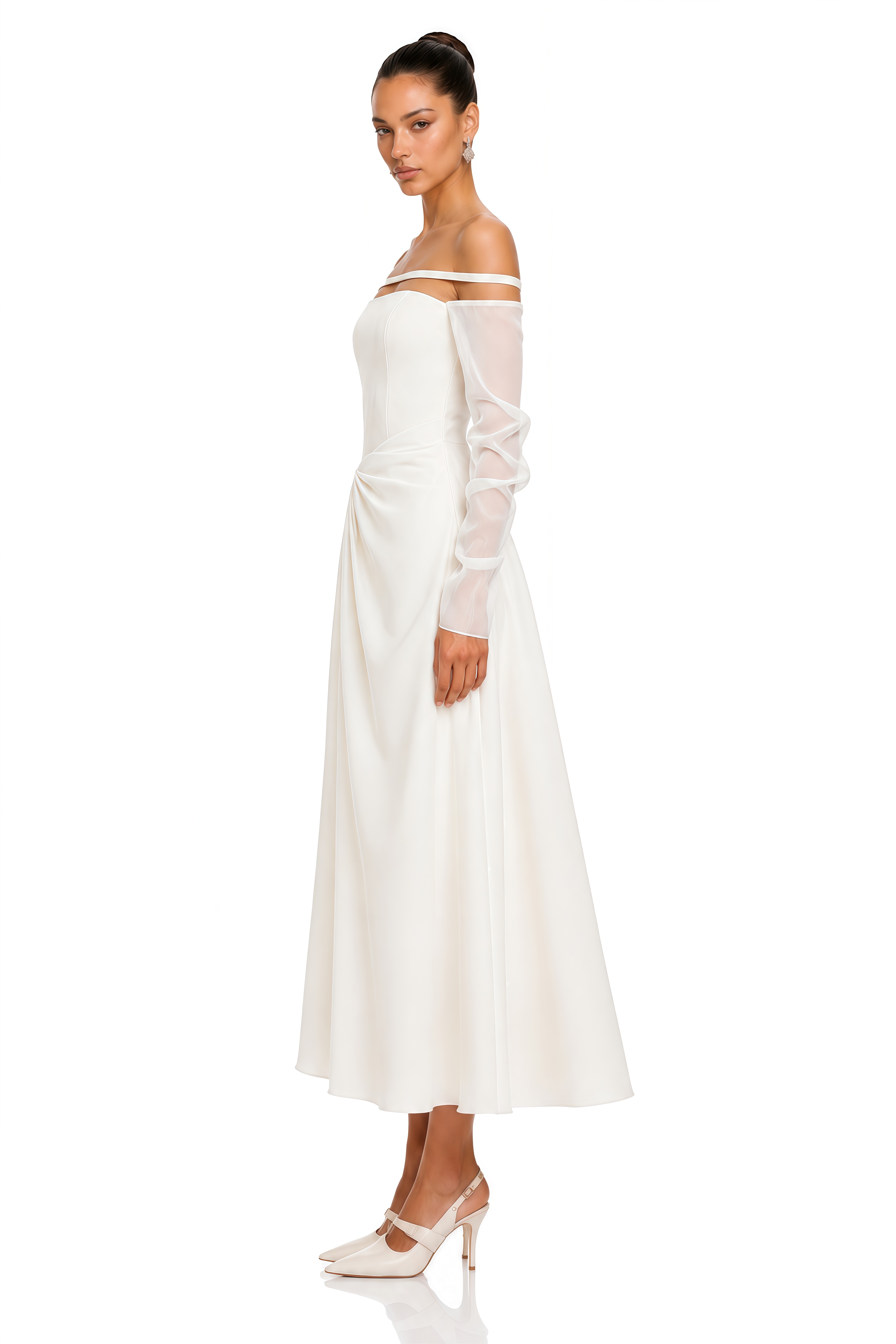 Gelsomina White Gathered Crepe Midi Dress