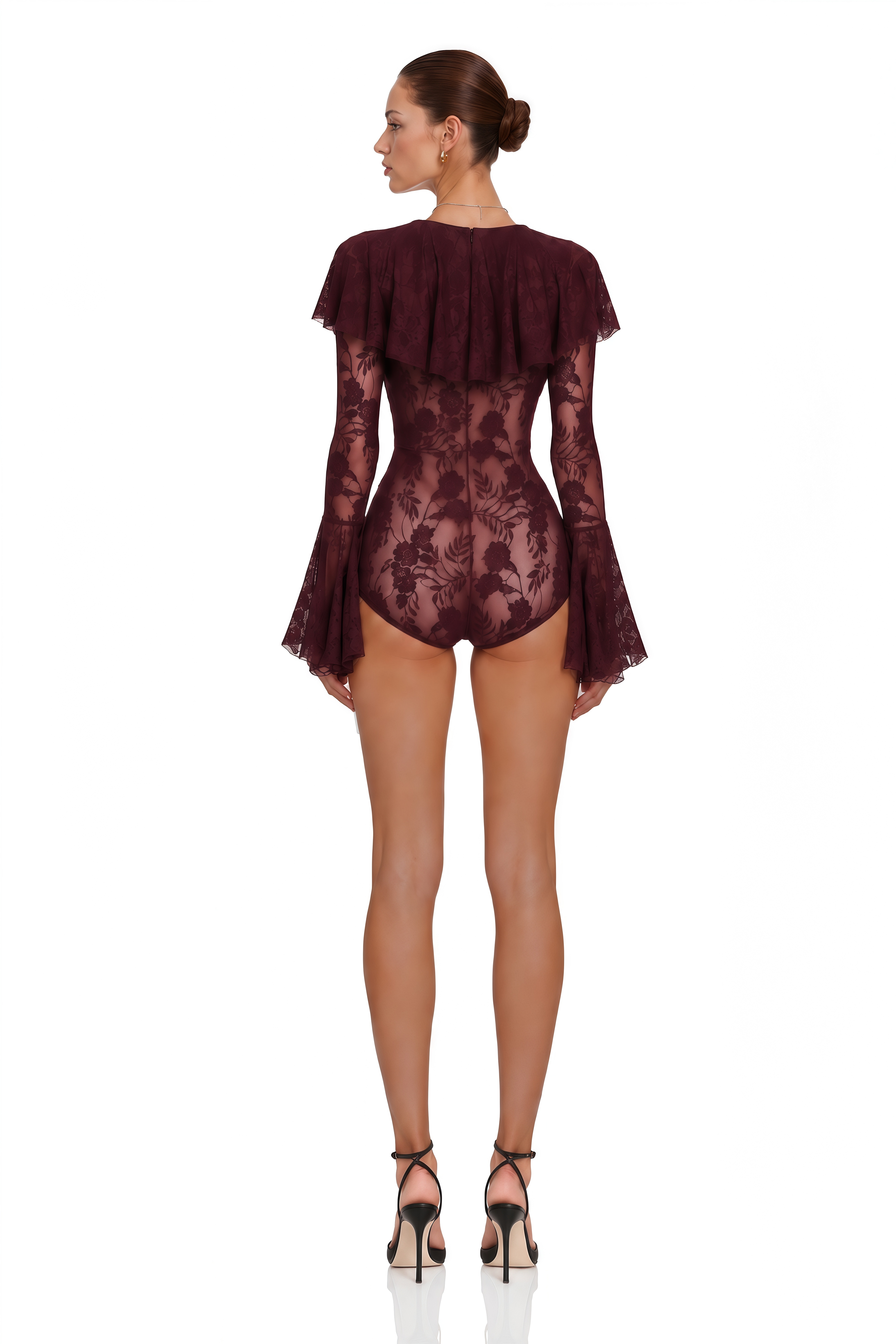 Ruan Burgundy Ruffled Lace Bodysuit