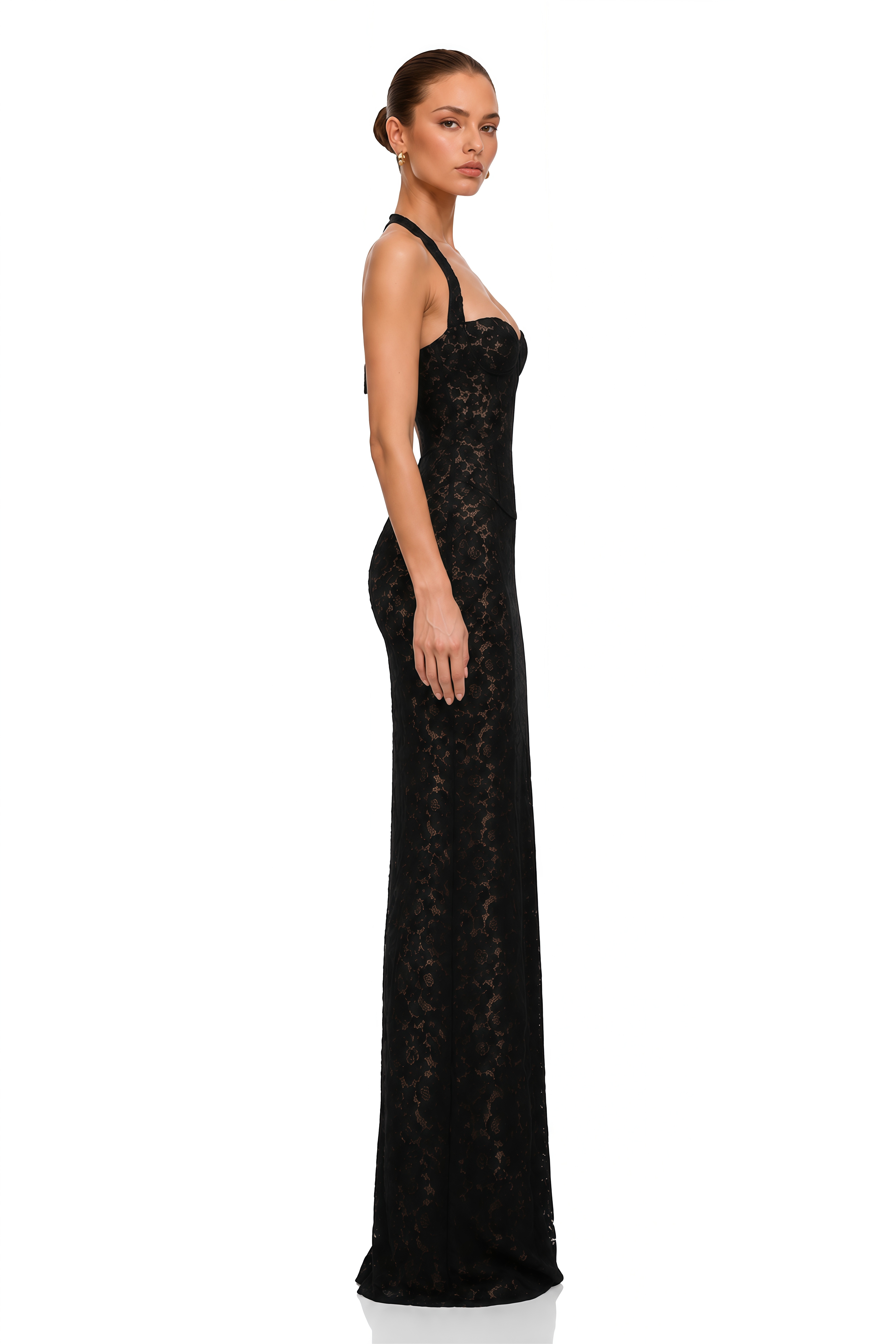Sofia Black Floral Lace Corset Maxi Gown