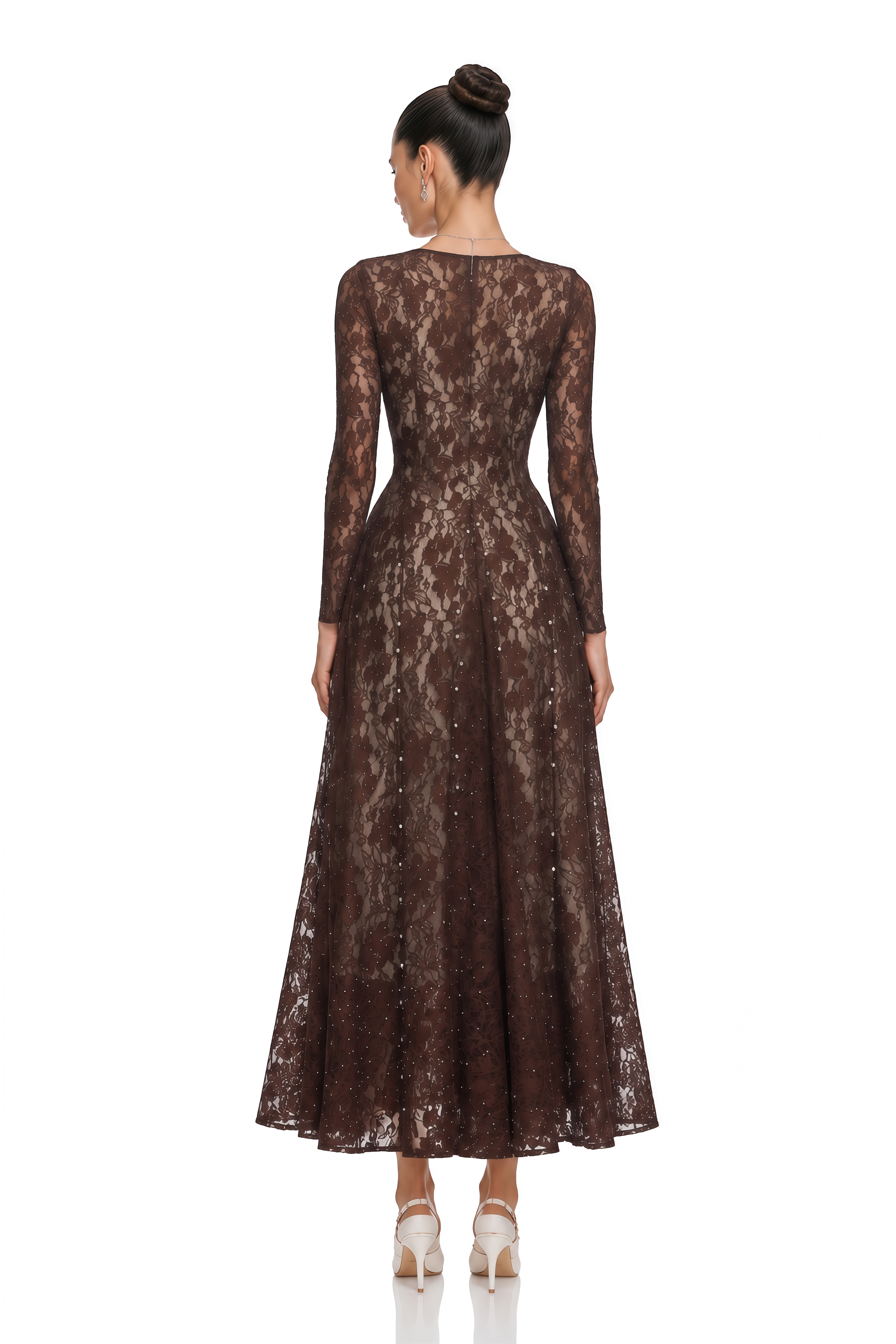 Hazel Brown Round Neck Floral Lace Maxi Dress