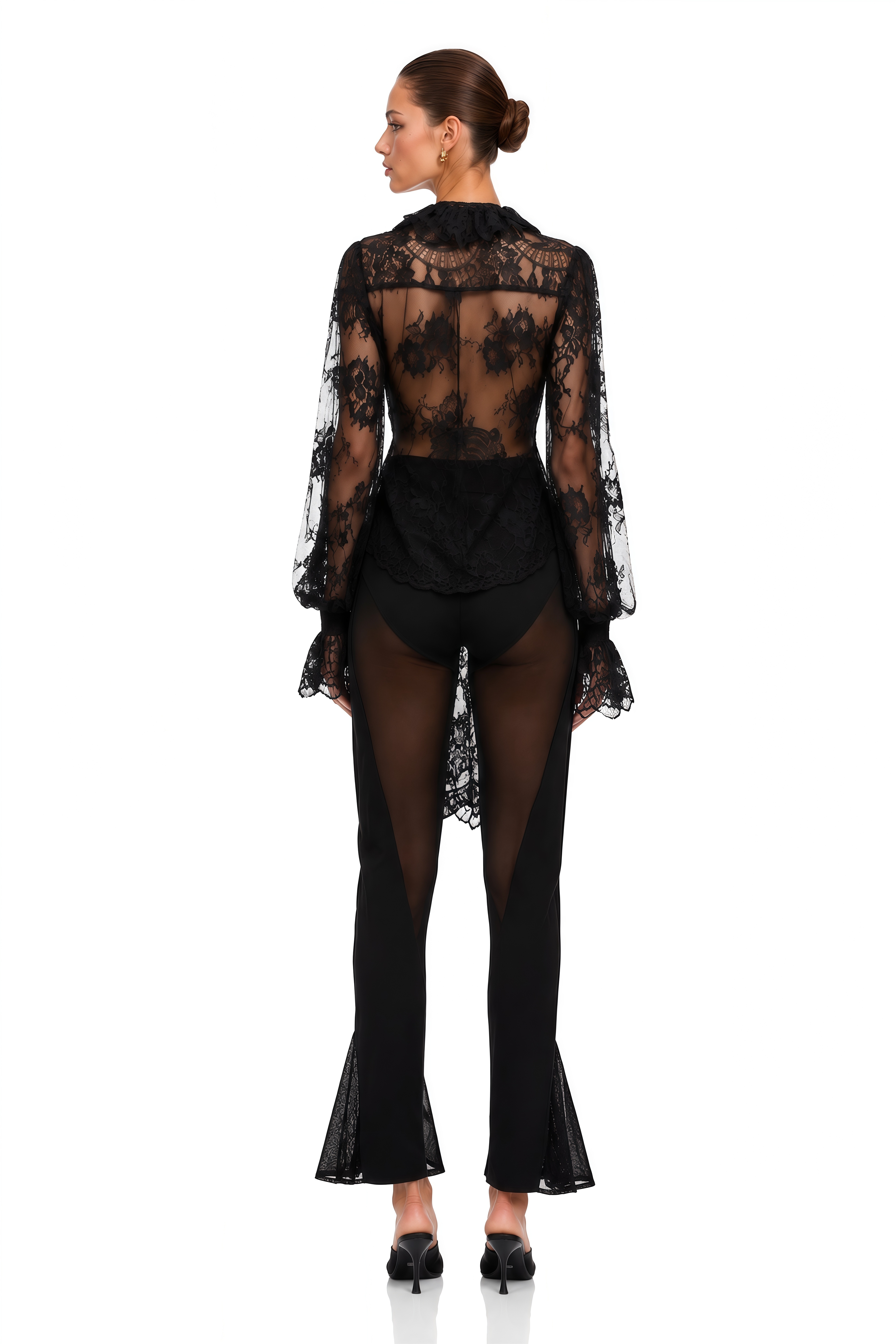 Quintine Black Ribbon Tie-Neck Floral Lace Blouse