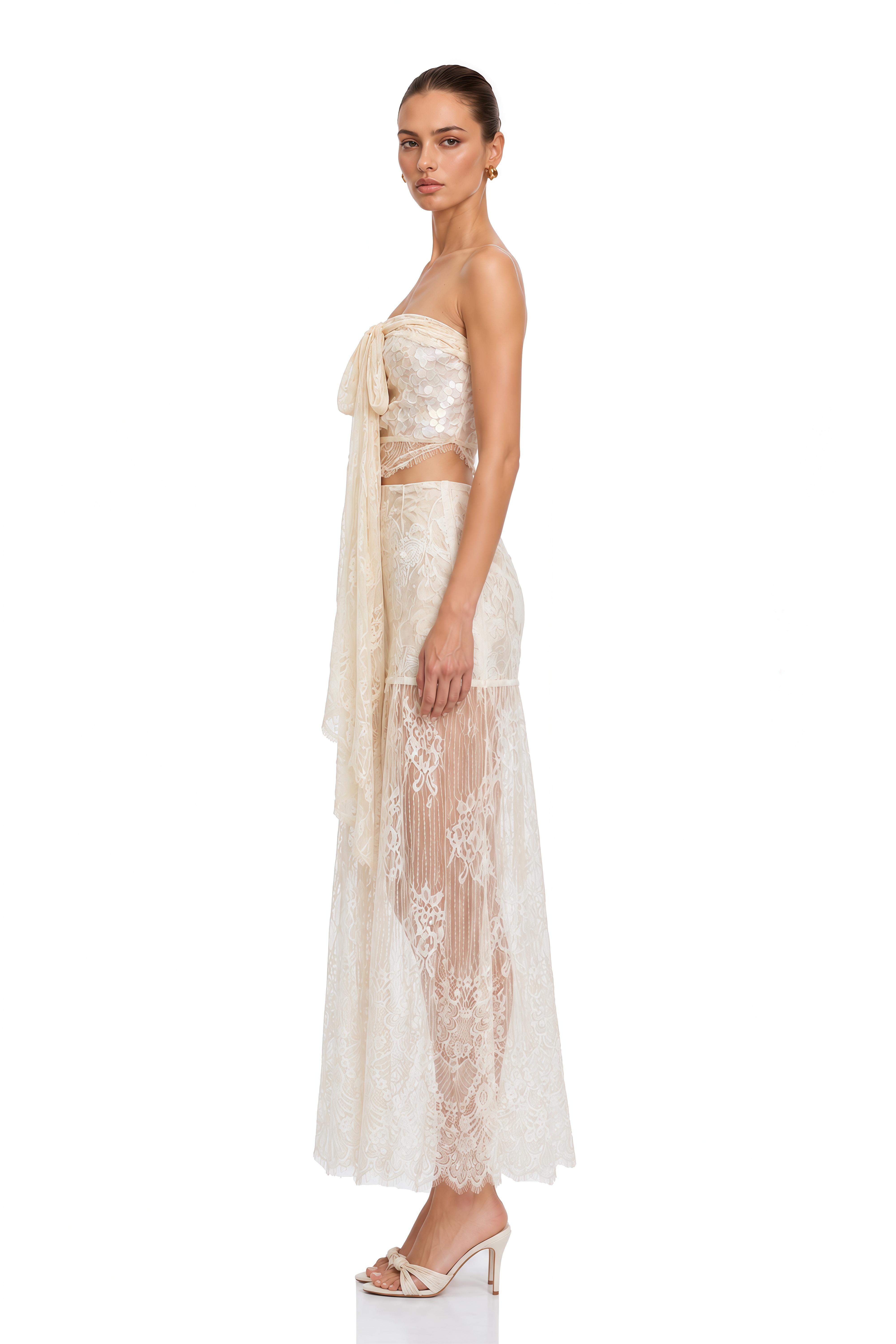 Dove Ivory Lace Bustier Top & Skirt Set with Bow