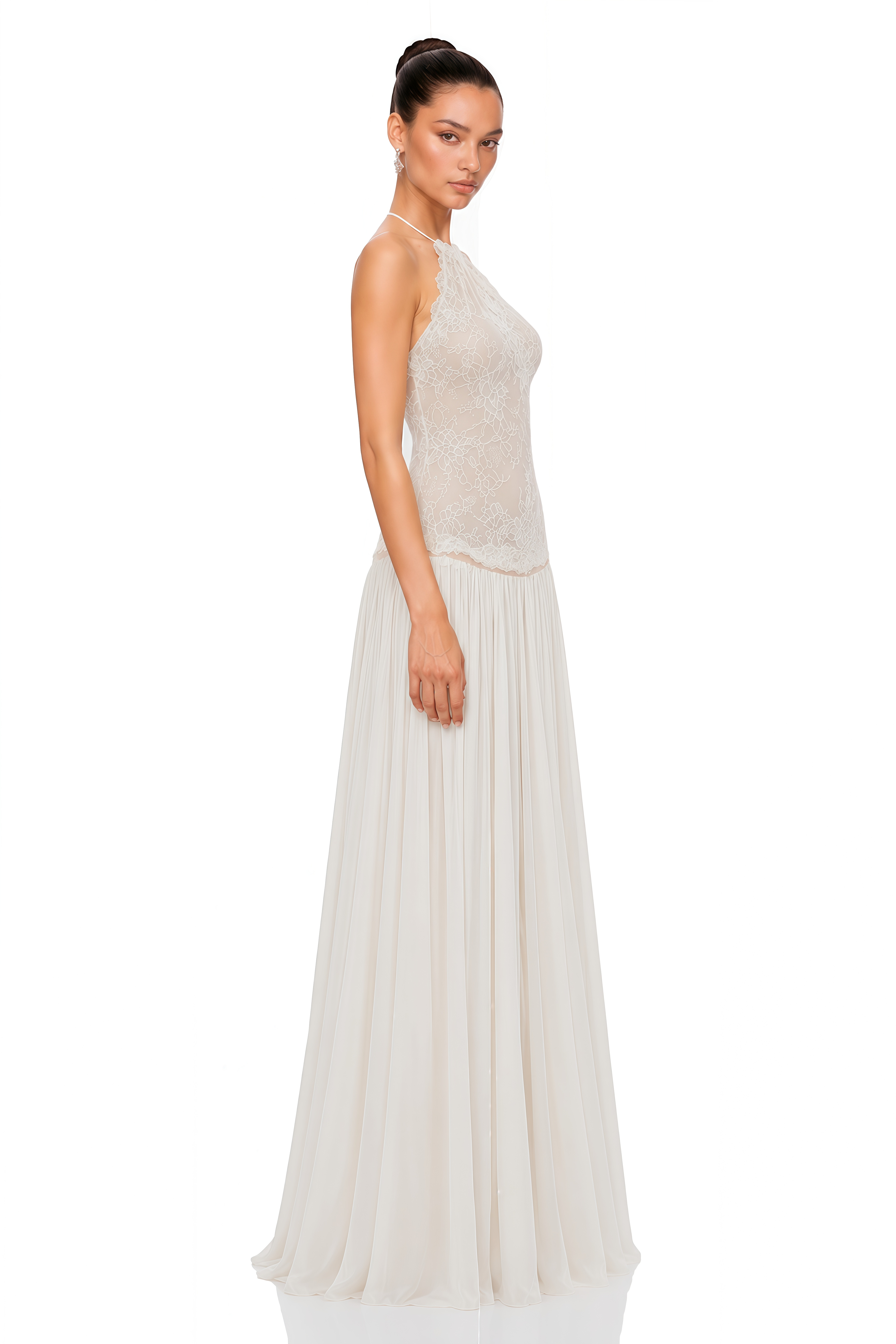 Reine White Pleated Maxi Dress with Lace Panels