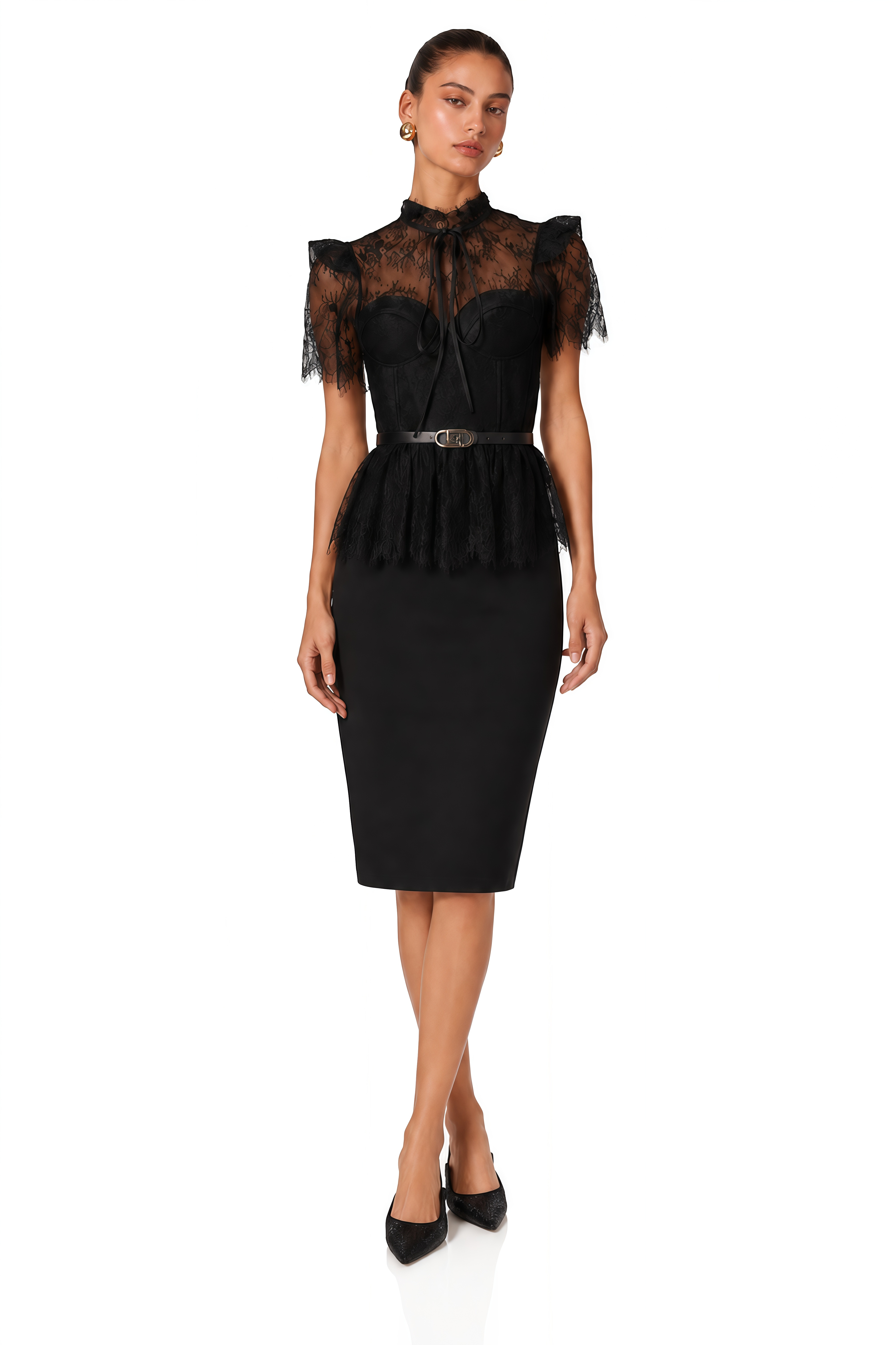 Thérèse Black Guipure-Lace Paneled Midi Dress (Without belt)