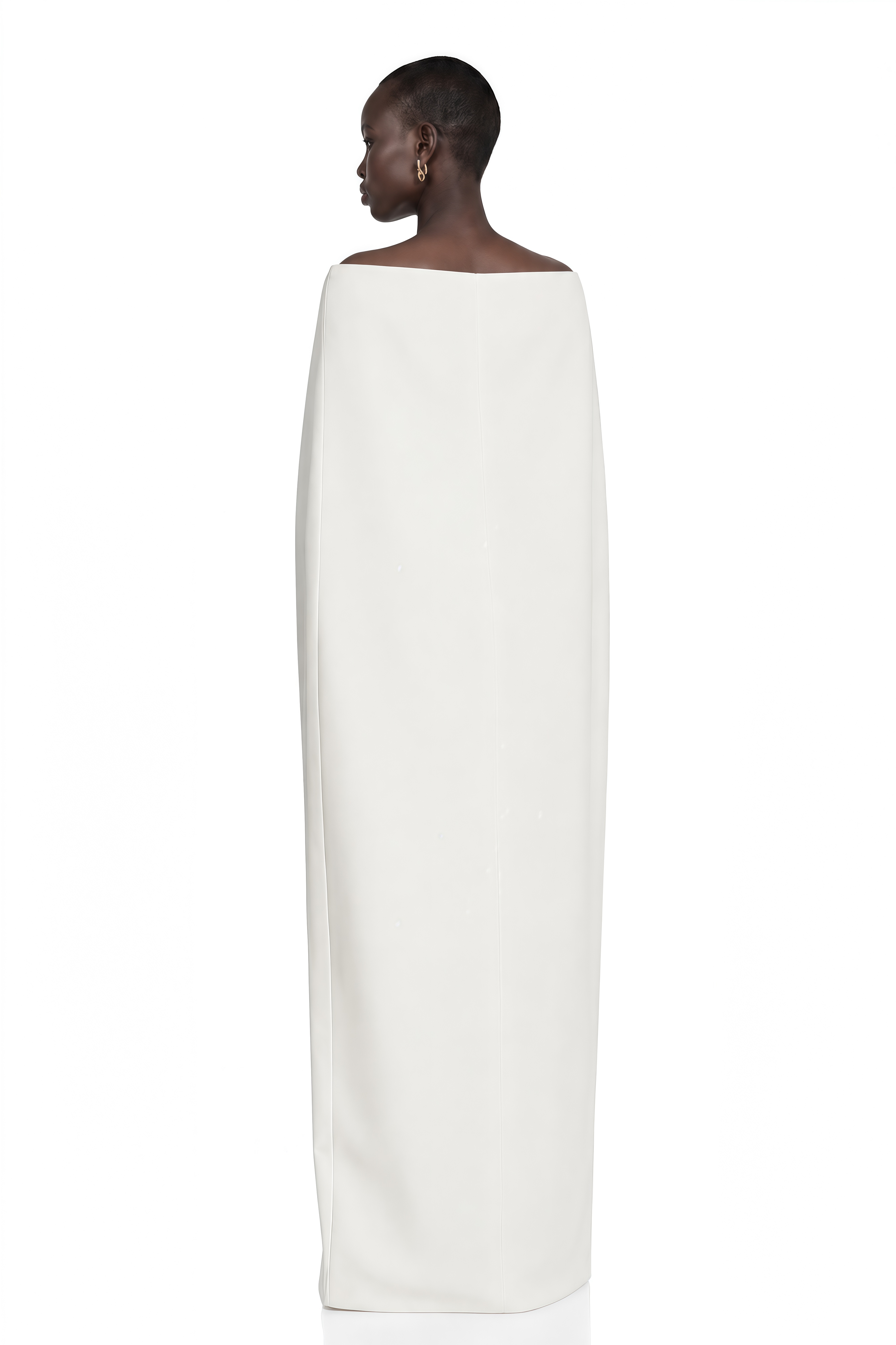 Dominique White Asymmetrical Cape Maxi Dress