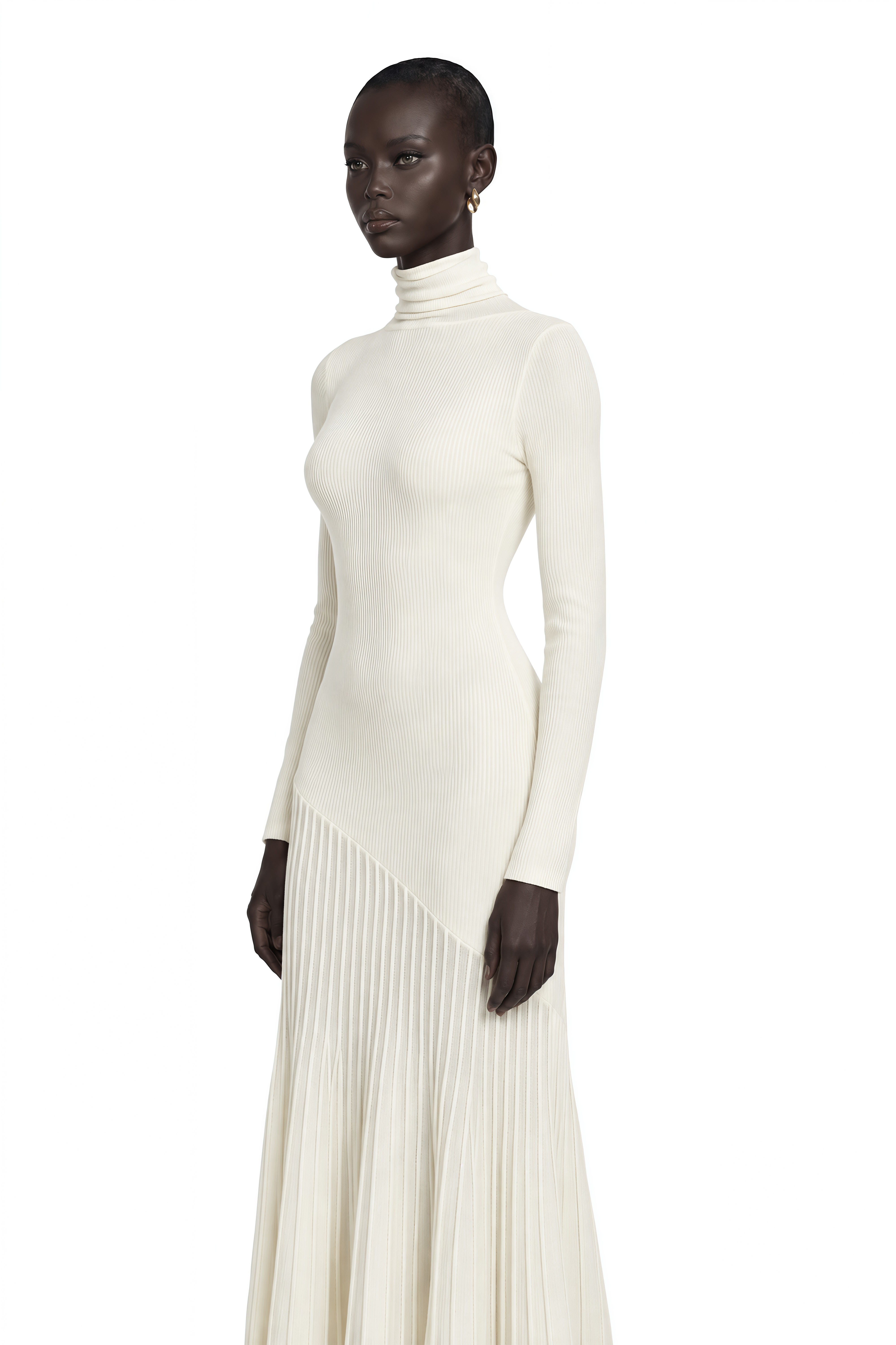 Émeline White Knitted Pleated Midi Dress