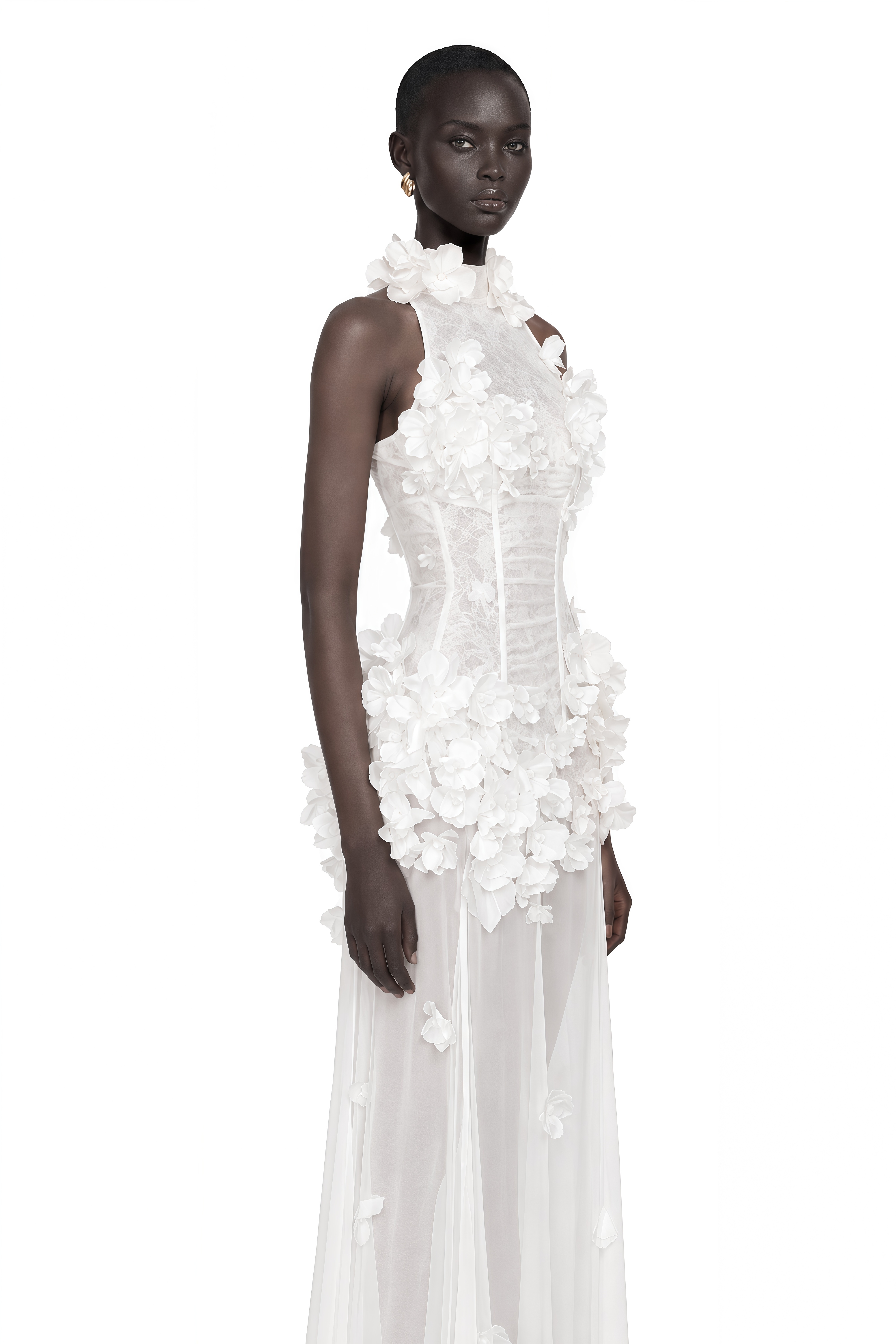 Guinevere White Halterneck Maxi Dress with 3D Florals
