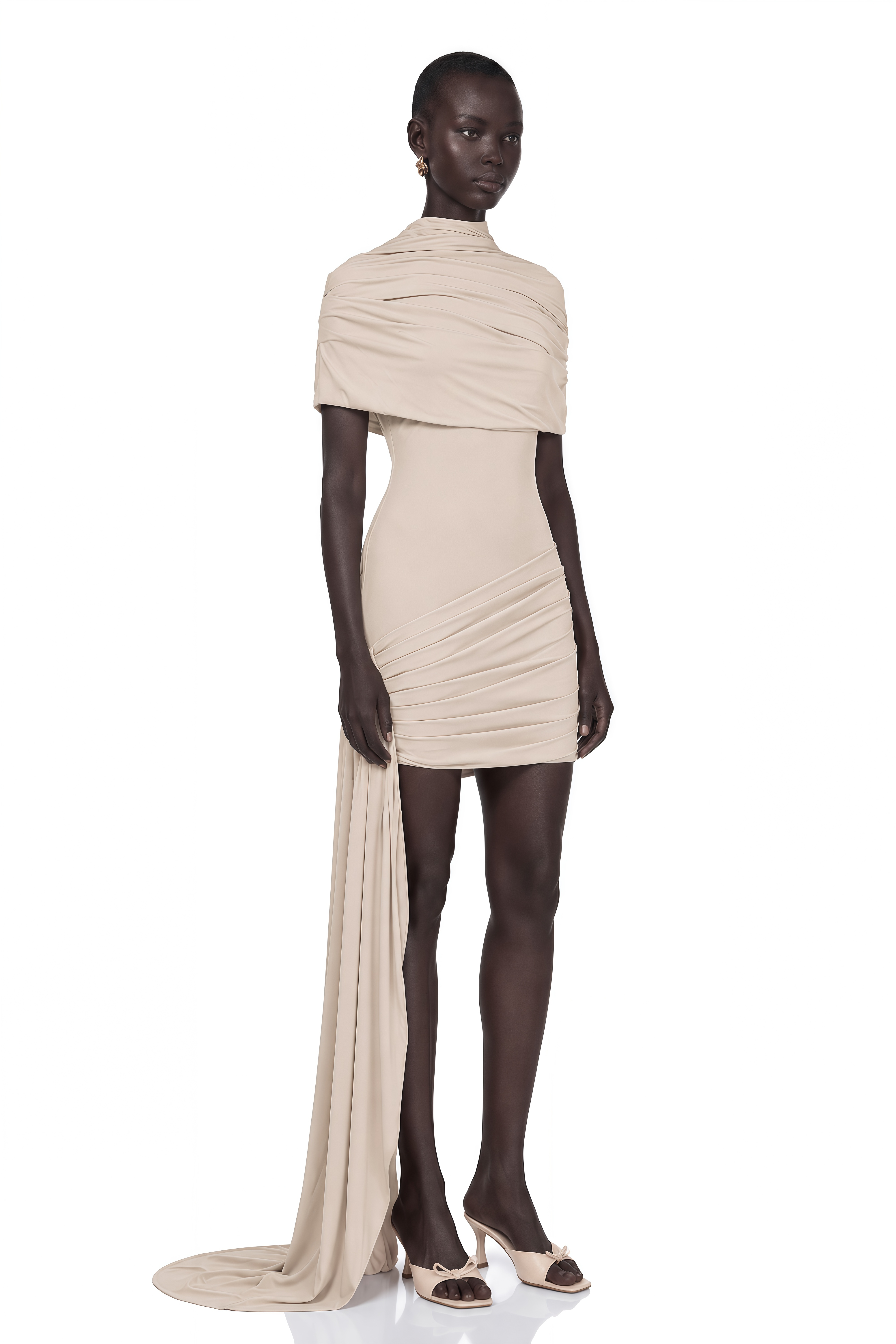 Gaëlle Neutrals Cape-Design Ruched Fitted Mini Dress
