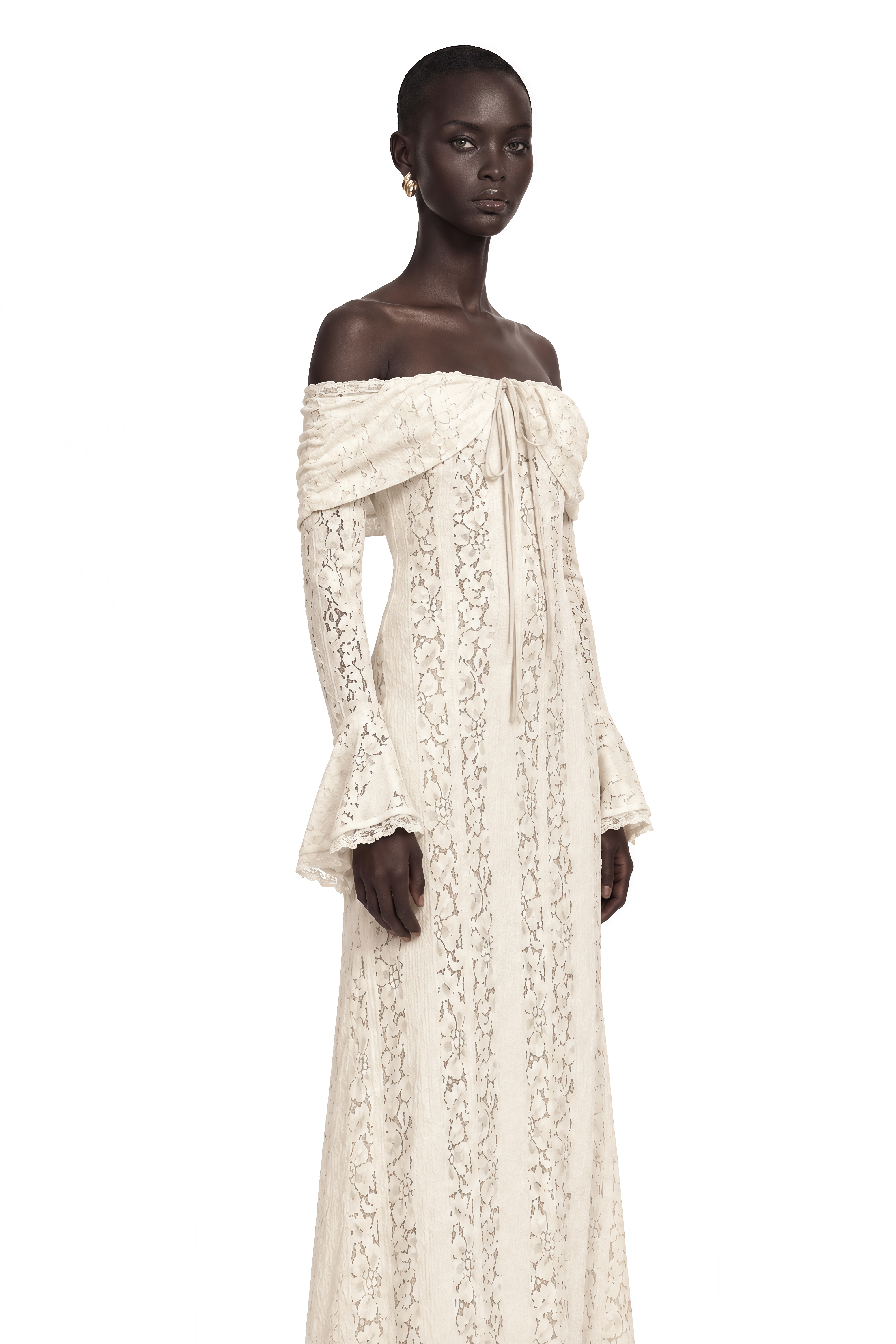Émeline Floral Lace Train-Design Maxi Dress in Neutrals