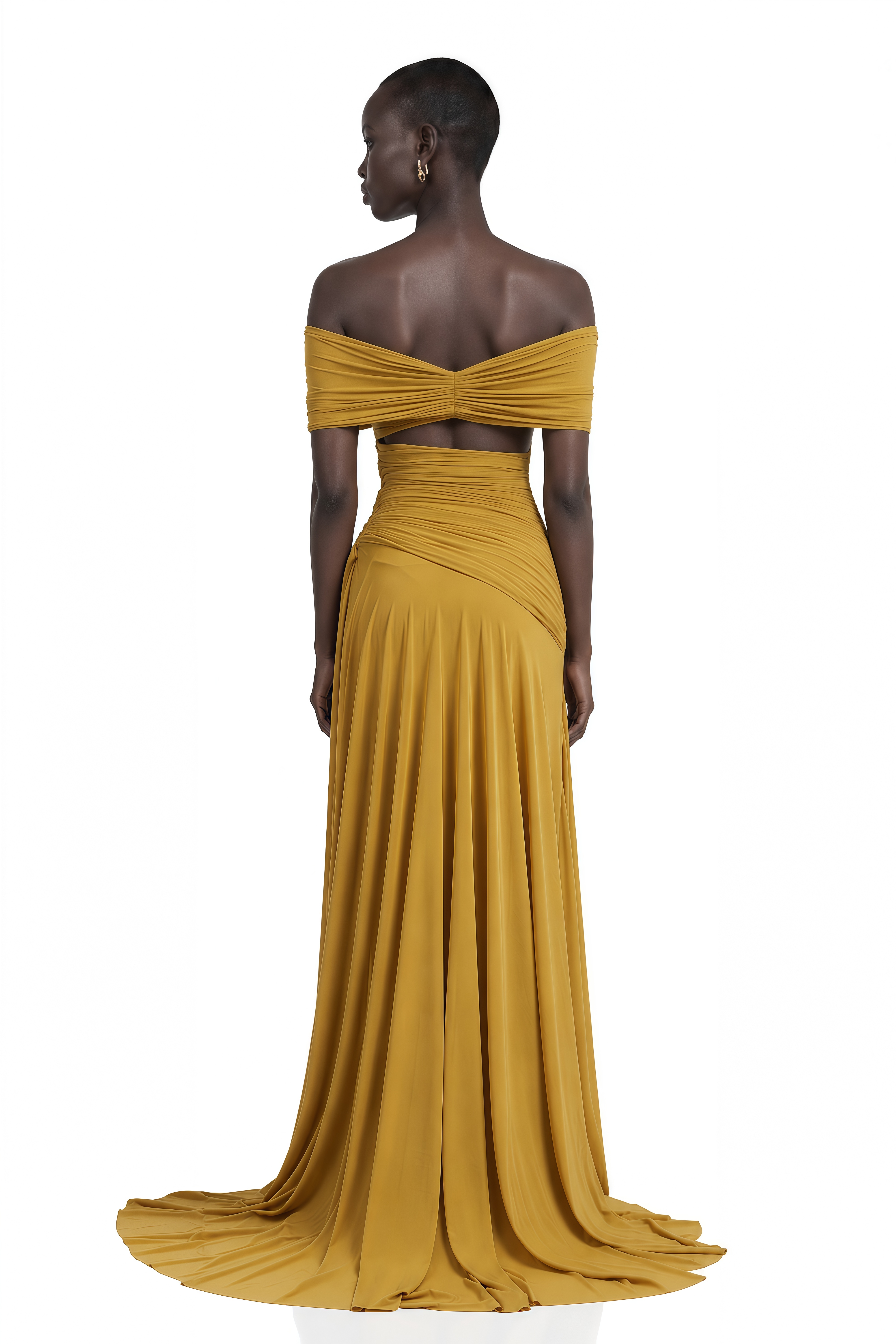 Ludivine Ocher Off-Shoulder Cut-Out Ruched Maxi Dress