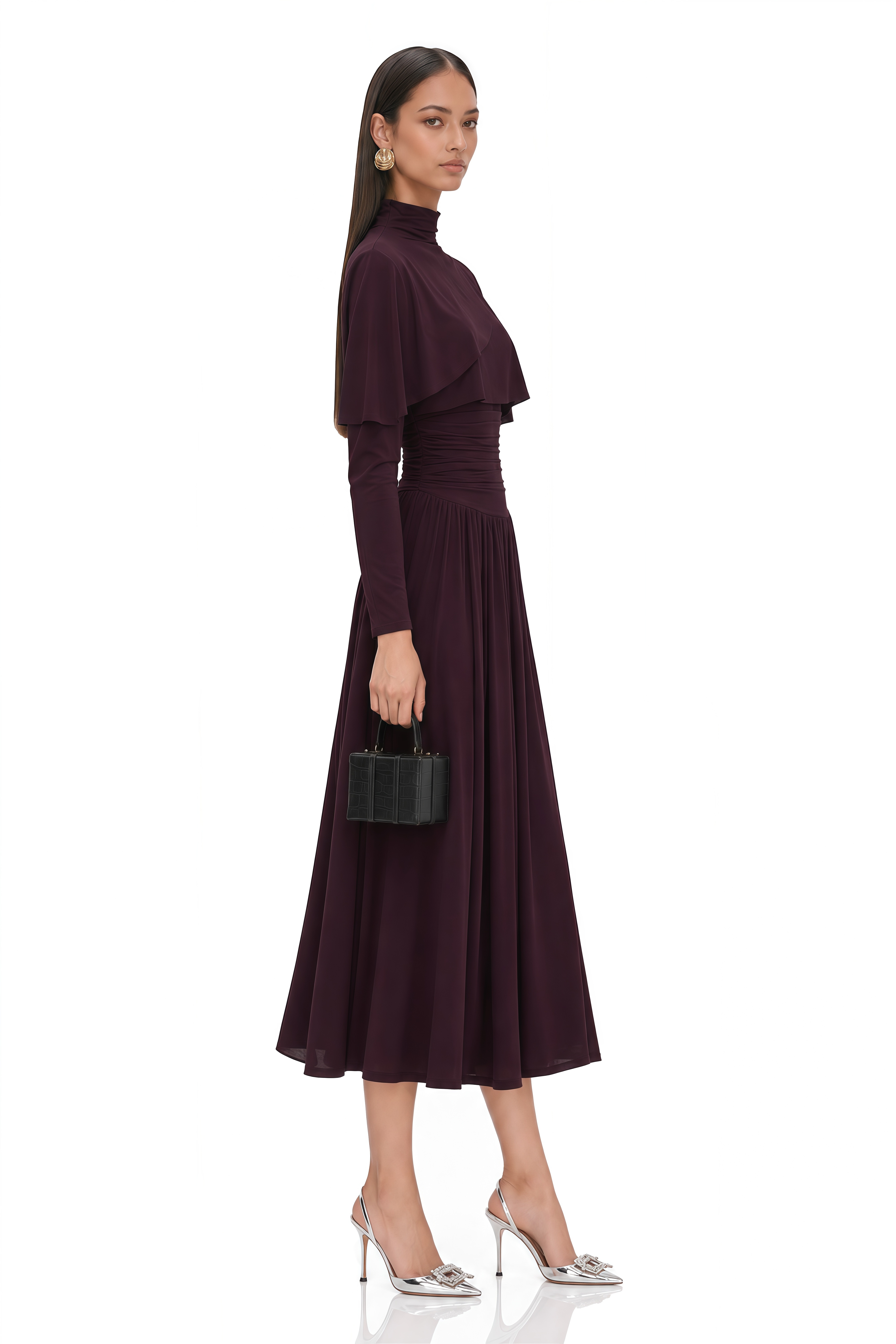 Camille Red Ruched Midi Dress with Flap Design Detail