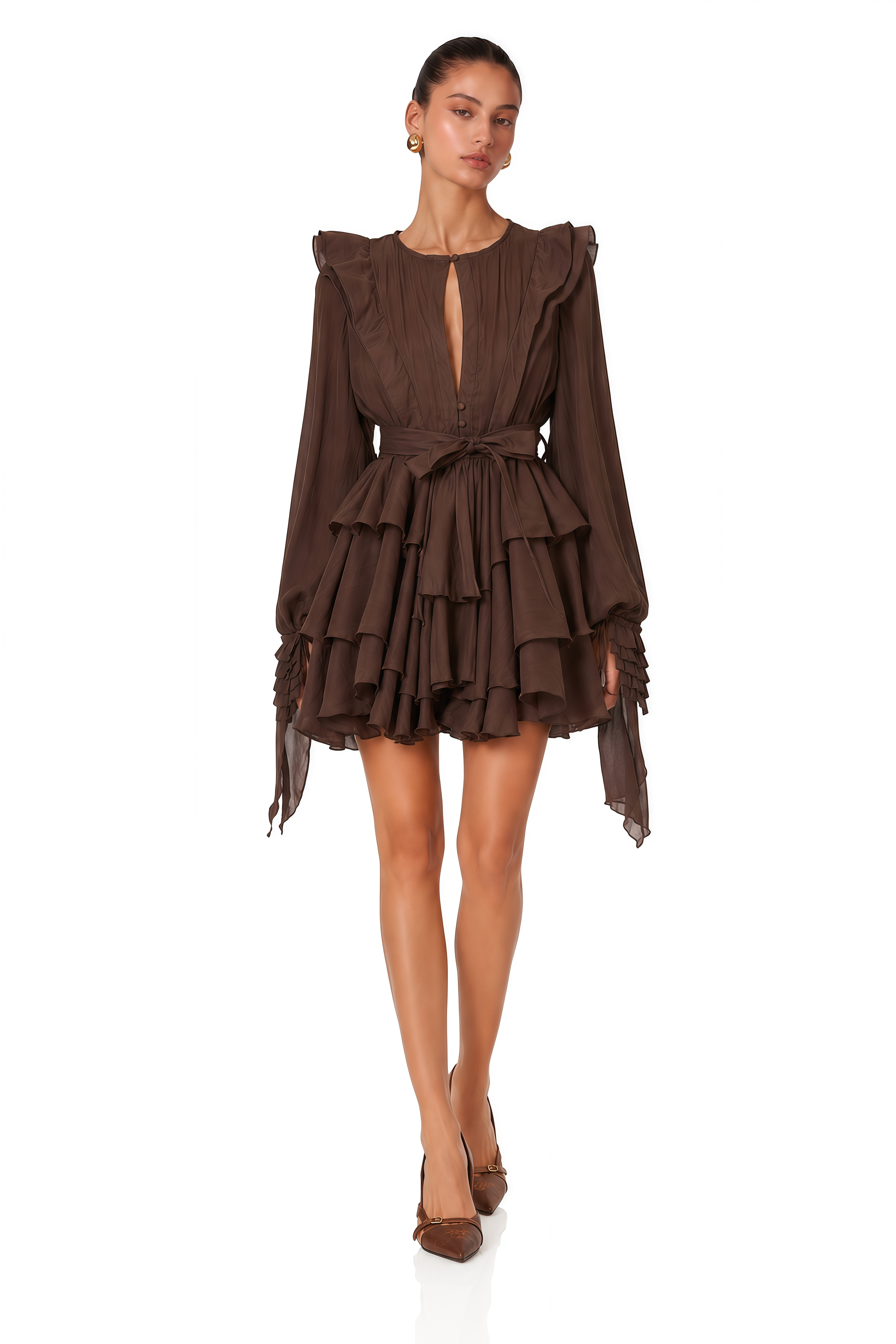Annabelle Brown Cutout Ruffled Mini Dress