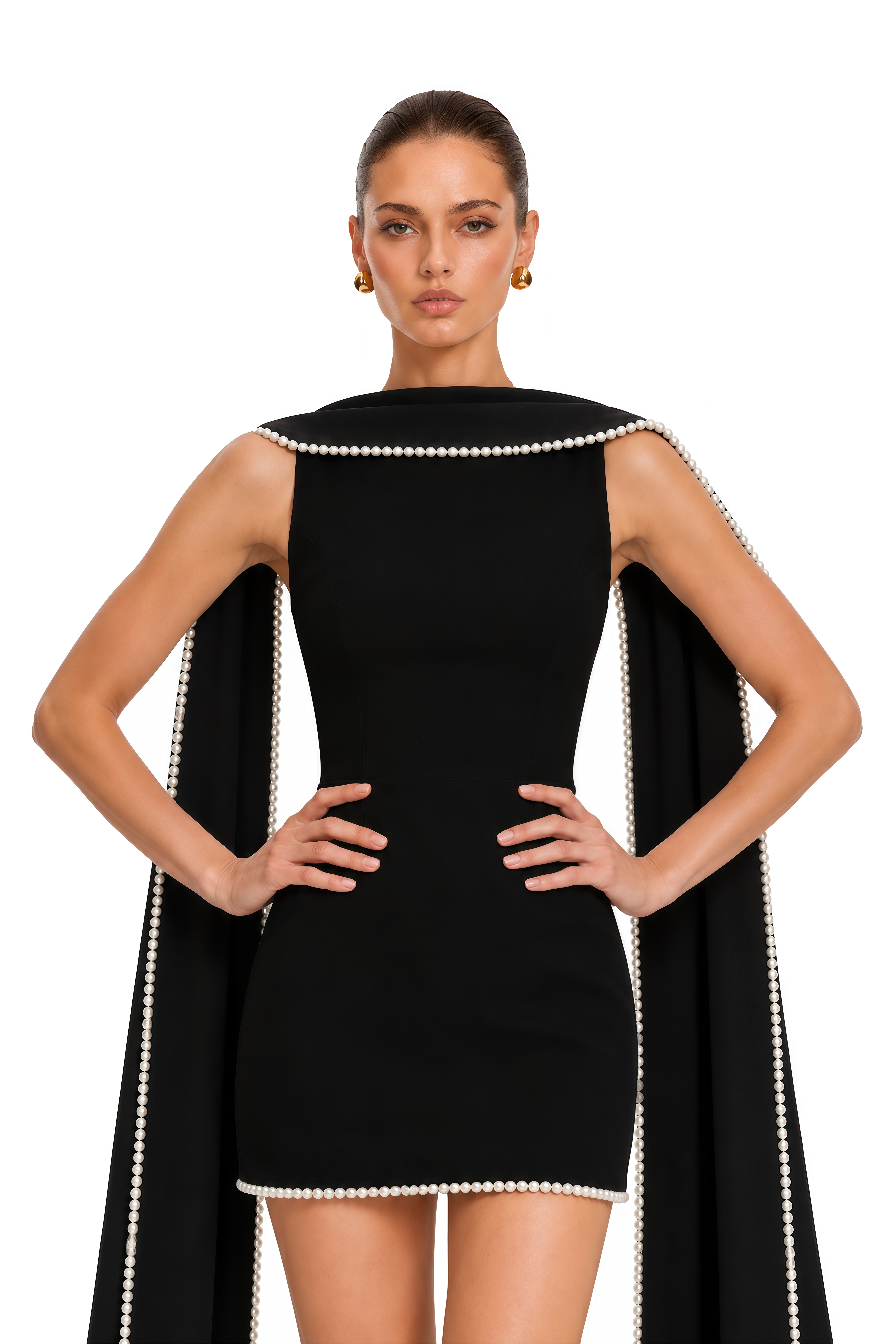 Piroska Black Sleeveless Pearl Trim Mini Dress