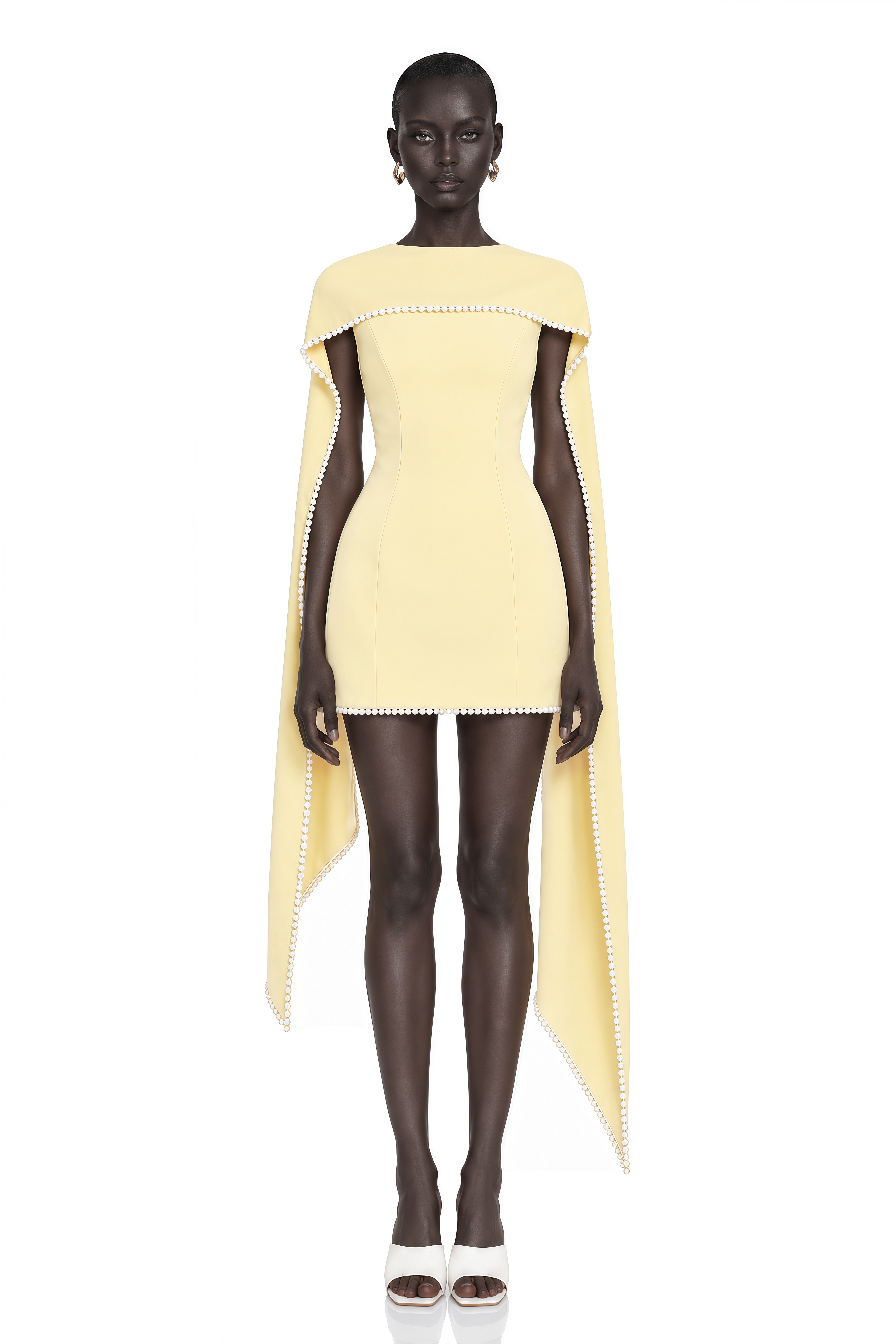 Piroska Yellow Sleeveless Pearl Trim Mini Dress