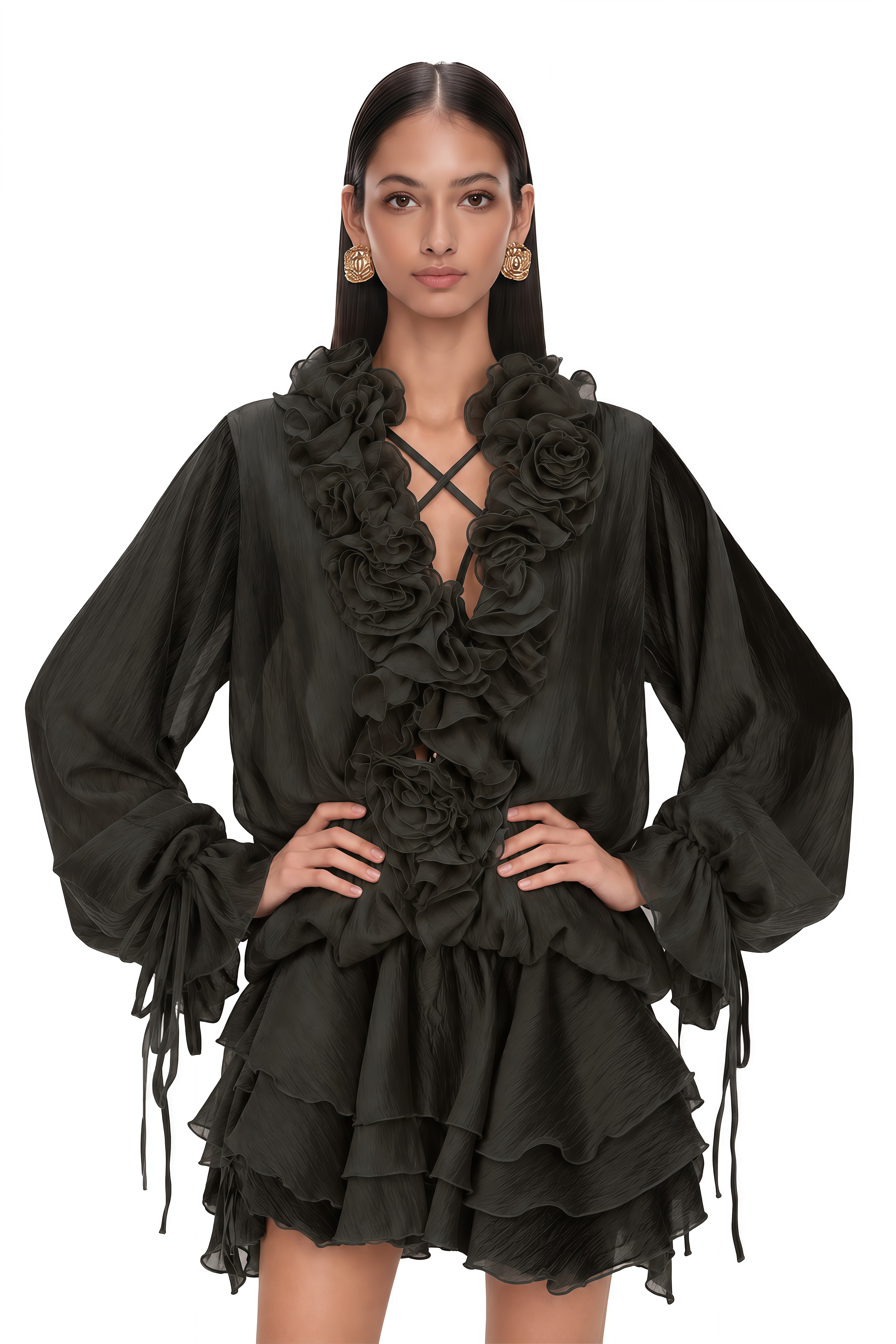 Zéphyrine Floral-Appliqué Tiered Mini Dress in Black