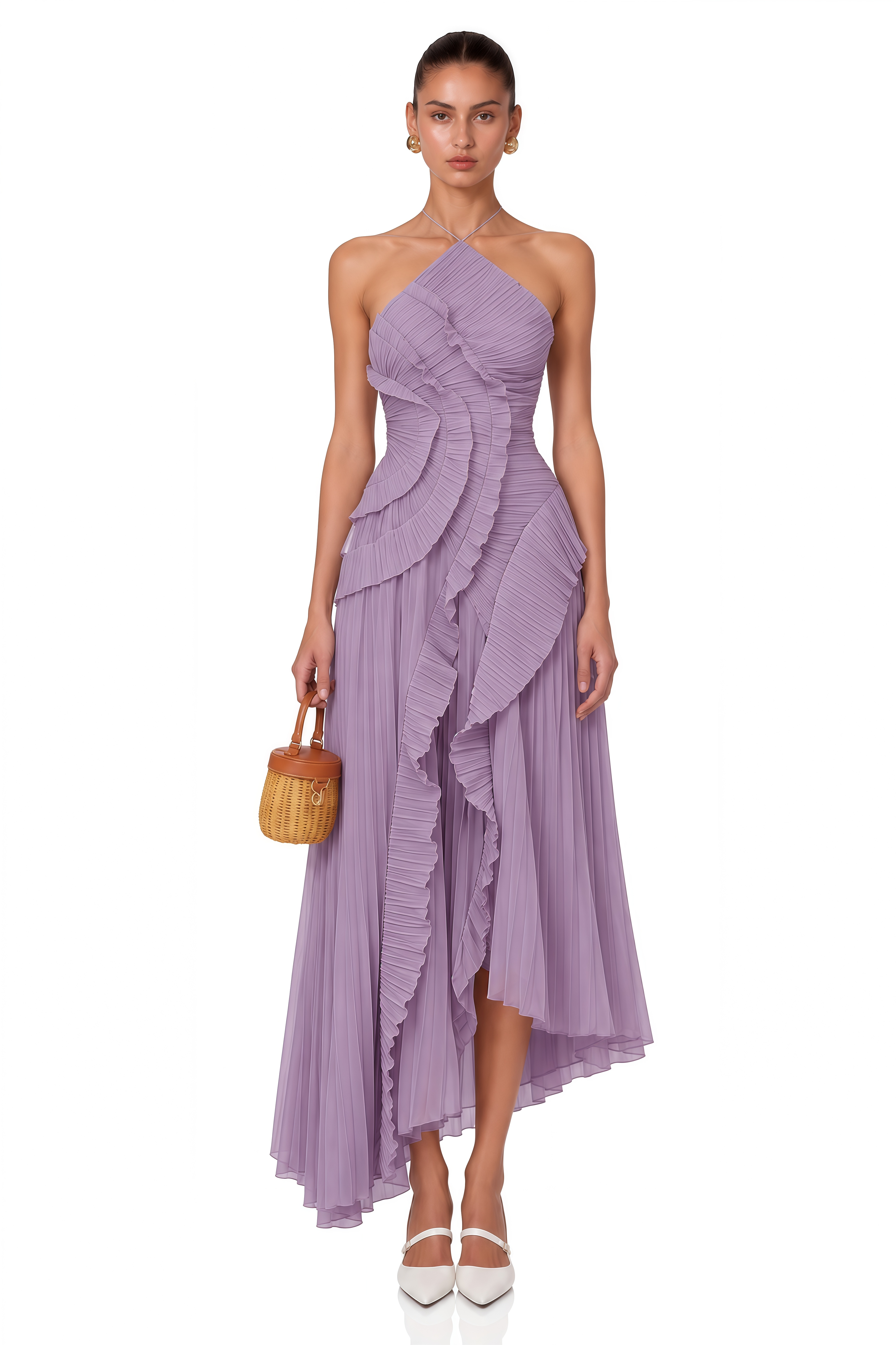 Doux Purple Ruffled Trim Pleated Midi Dress