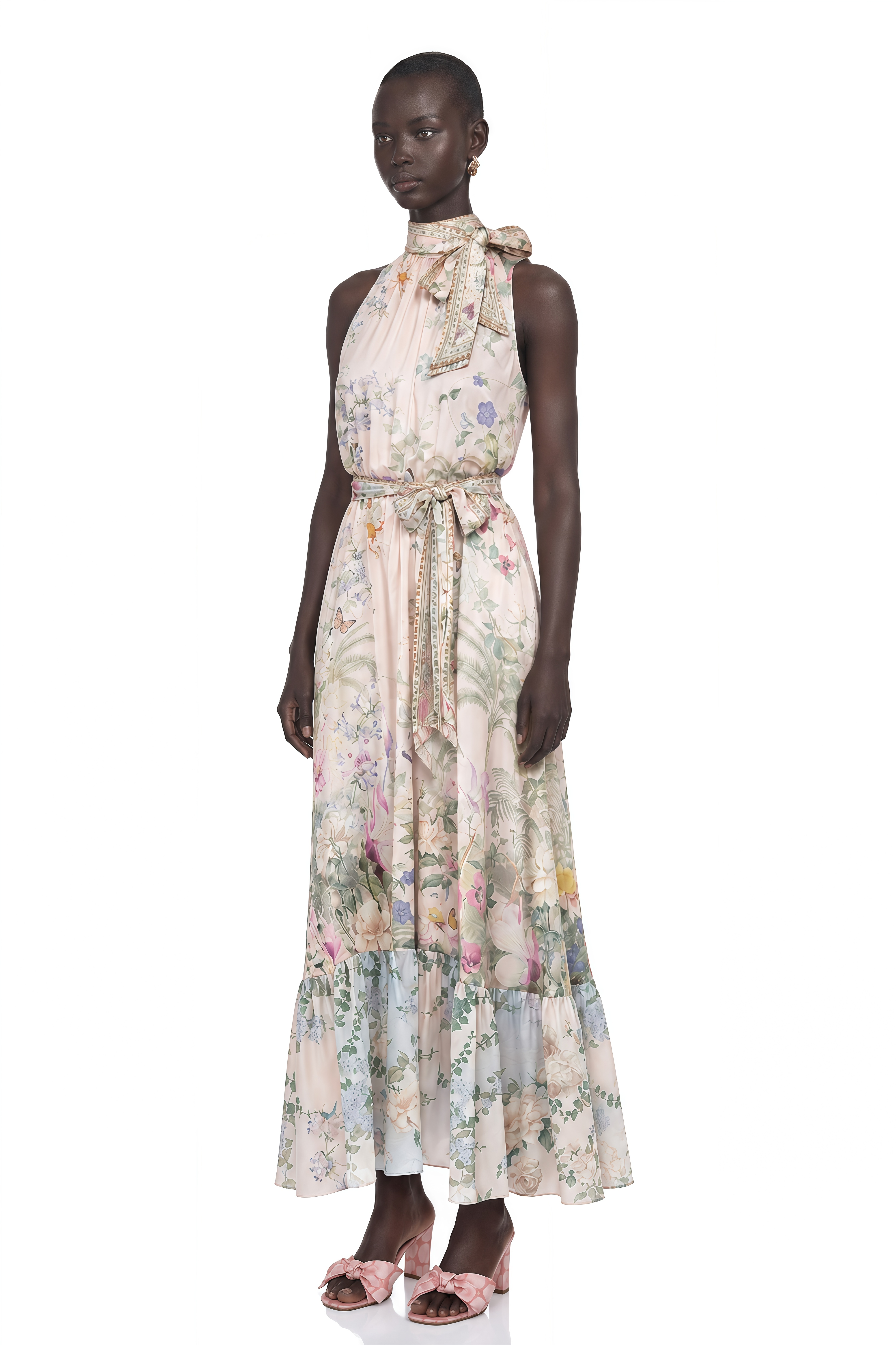 Madeleine Neutral Floral Print Satin Maxi Dress