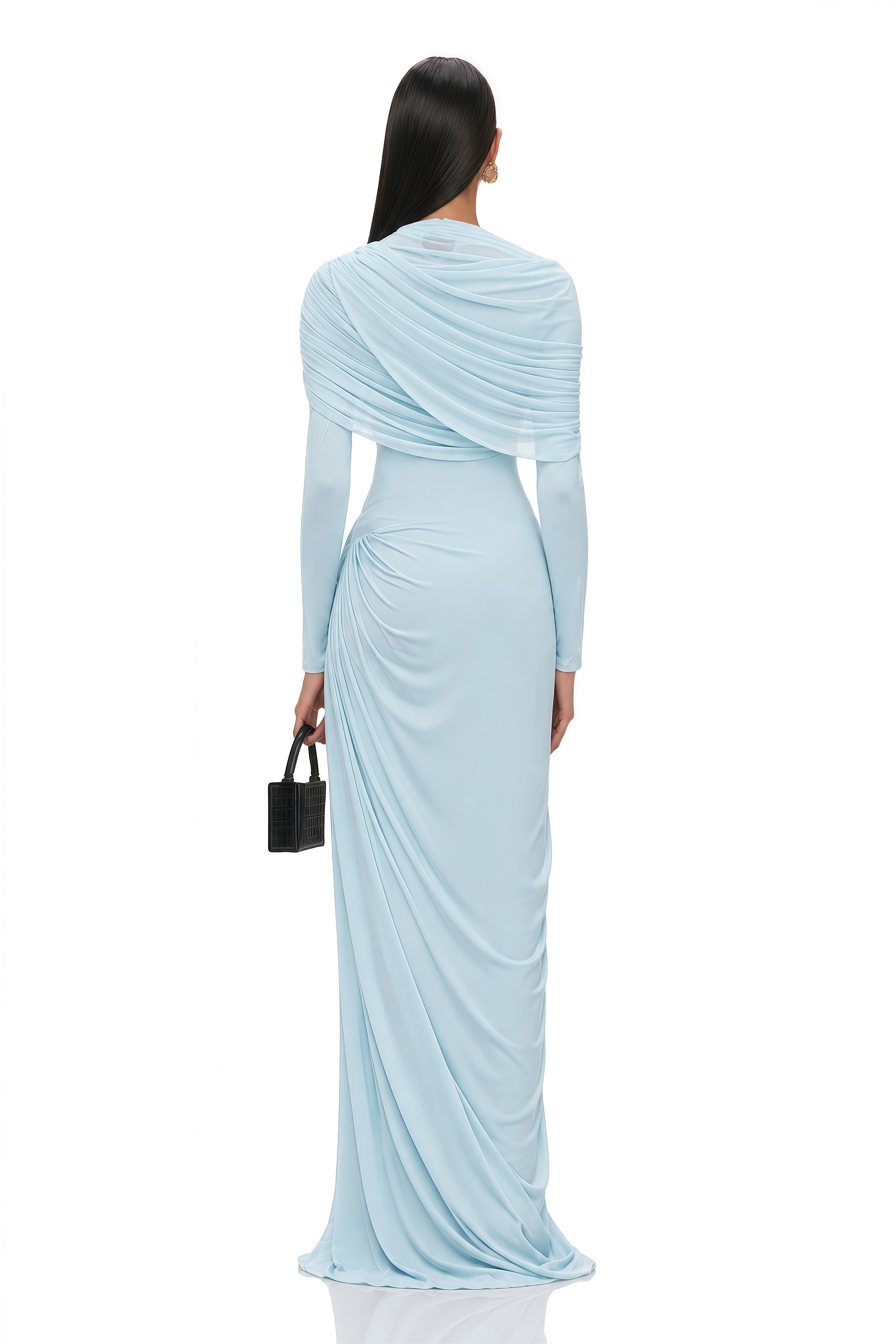 Catherine Baby-Blue Asymmetrical Pleated Long-Sleeve Maxi Dress