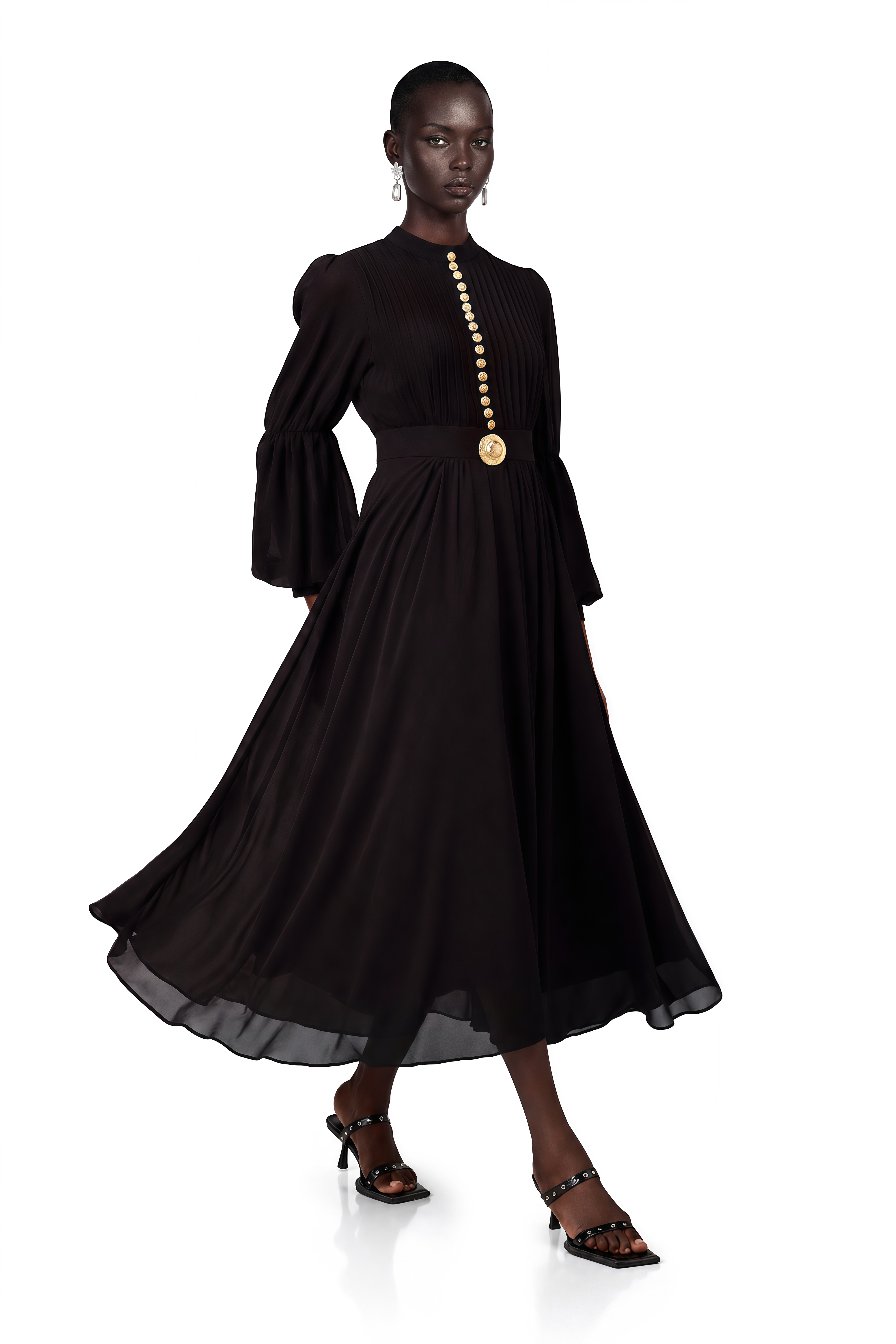 Black pleated midi dress with gold button details