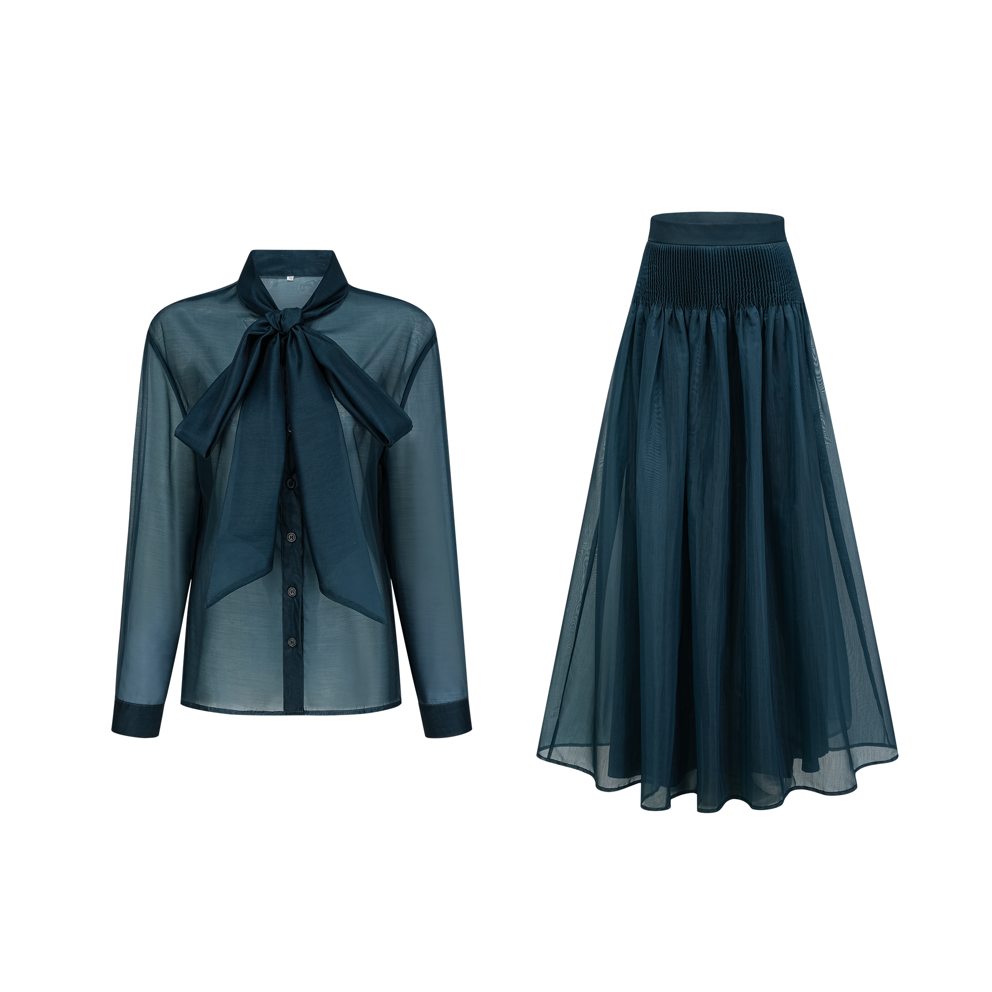 Black long-sleeve maxi dress with a pussy-bow neckline