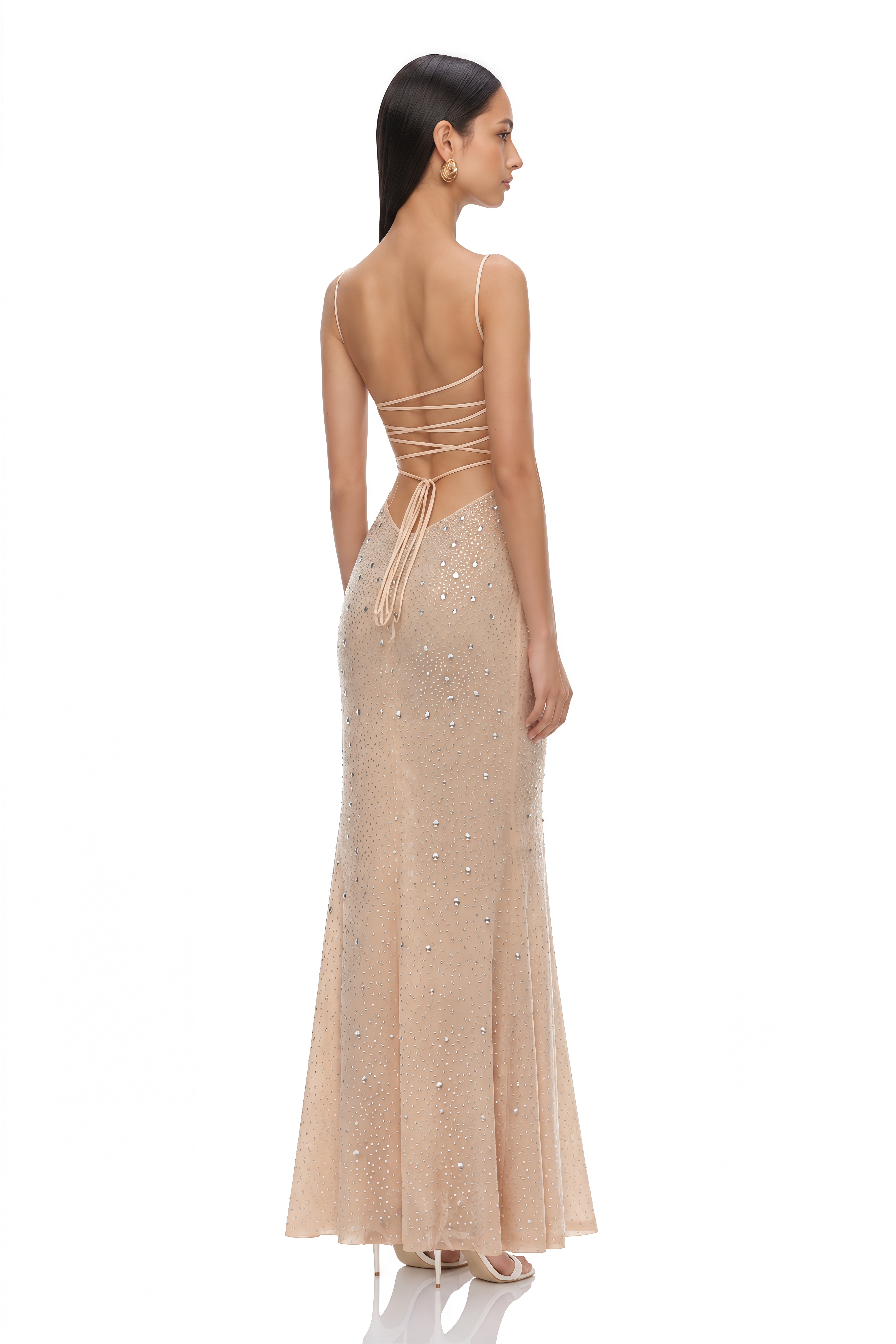 Izefia Neutral Open Back Embellished Maxi Dress