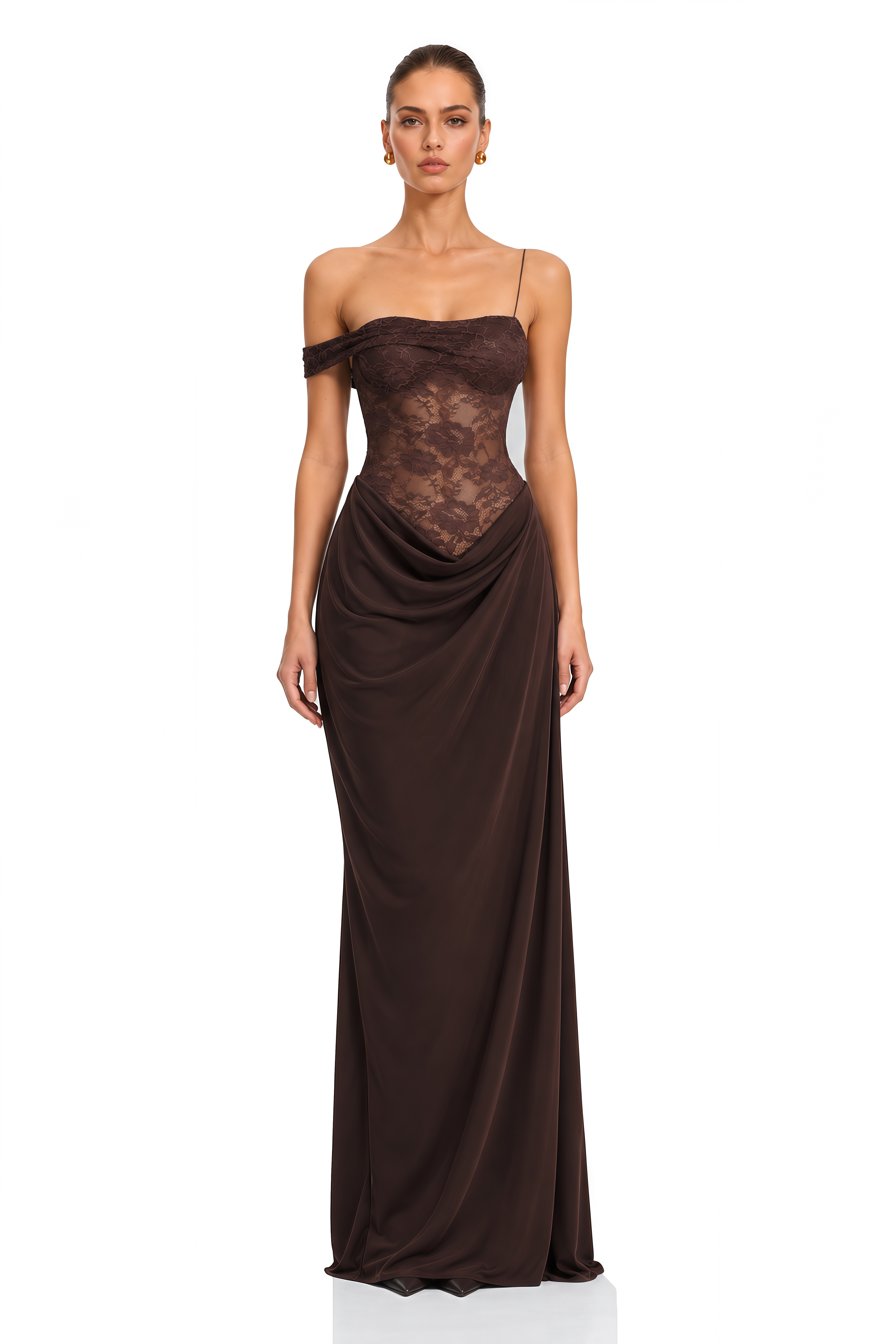 Sunniva Brown Lace Panel Asymmetrical Maxi Dress