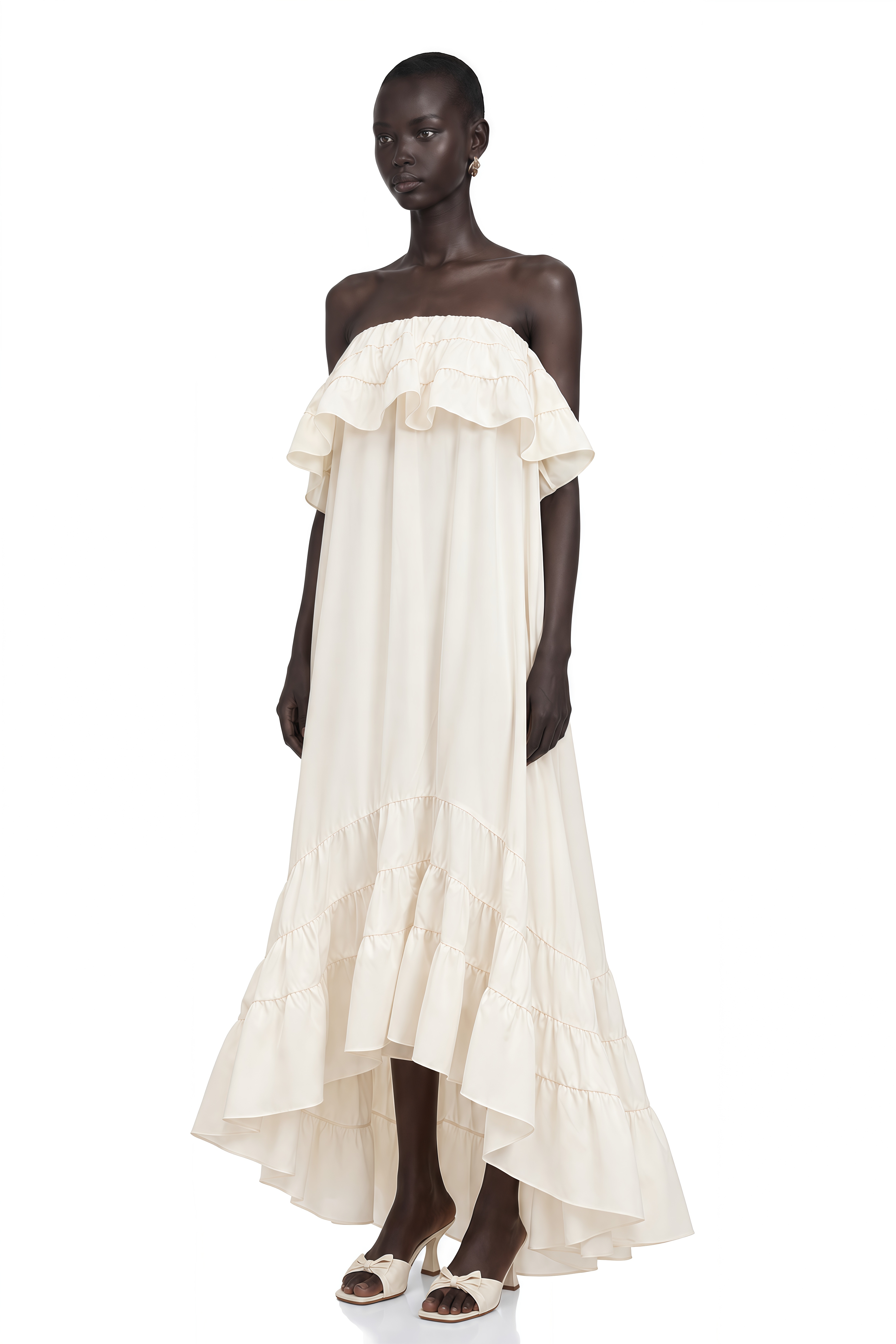 Bénédicte White Vibrant Off Shoulder Shirred Maxi Dress