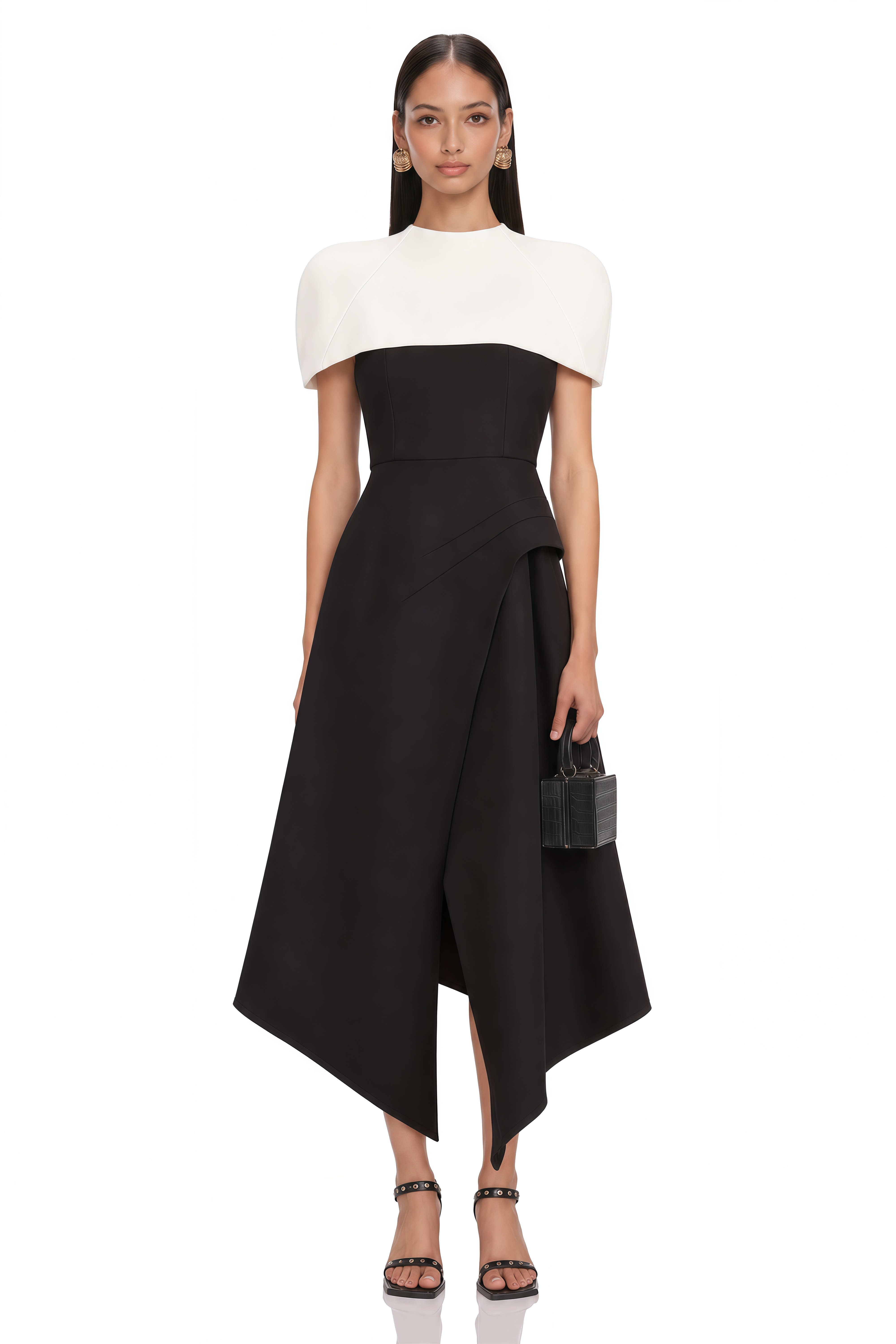 Fabienne Color Block Midi Dress with Shawl Detail