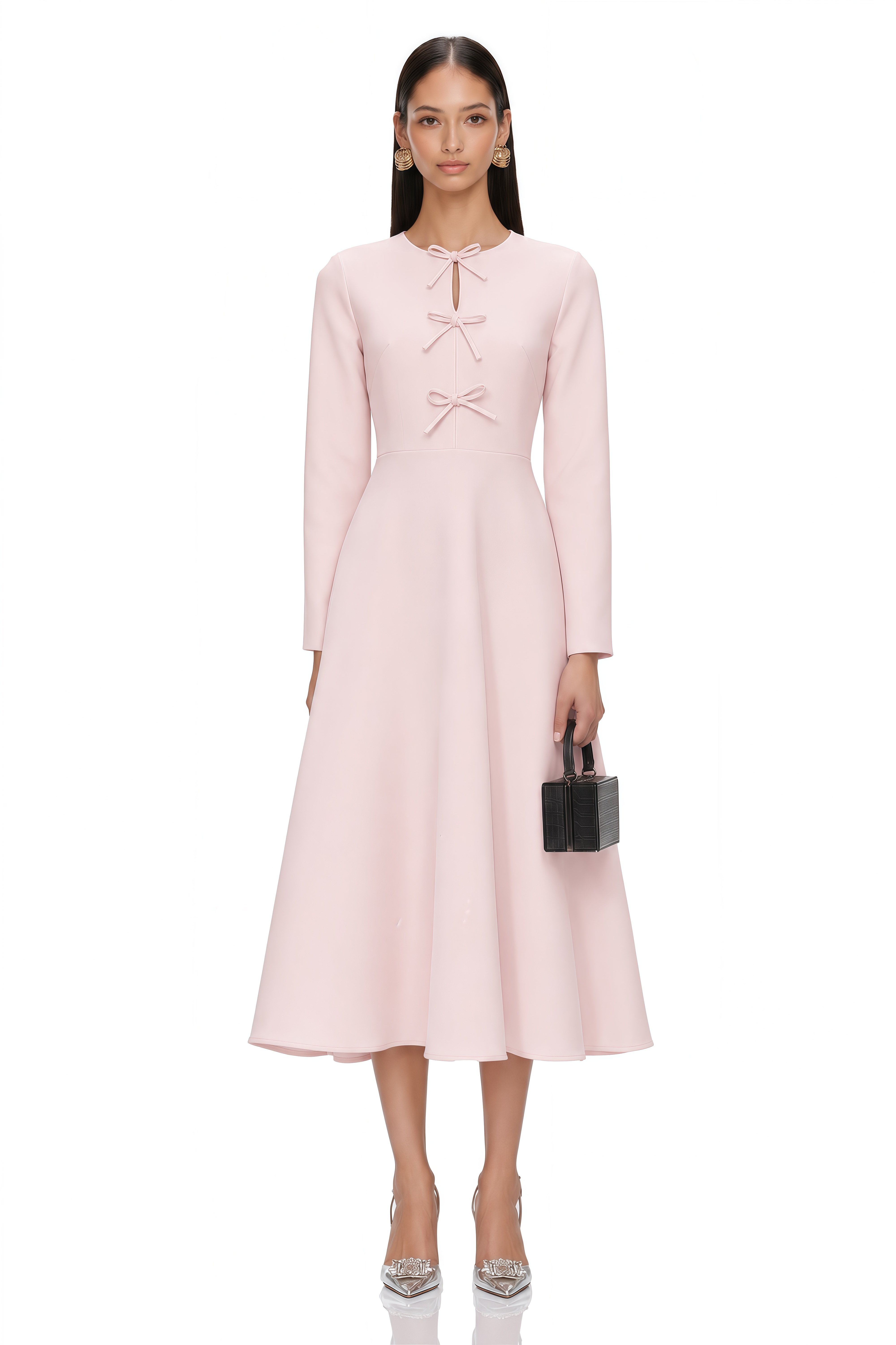 Elise Pink Bow-Detail Split-Neck Midi Dress