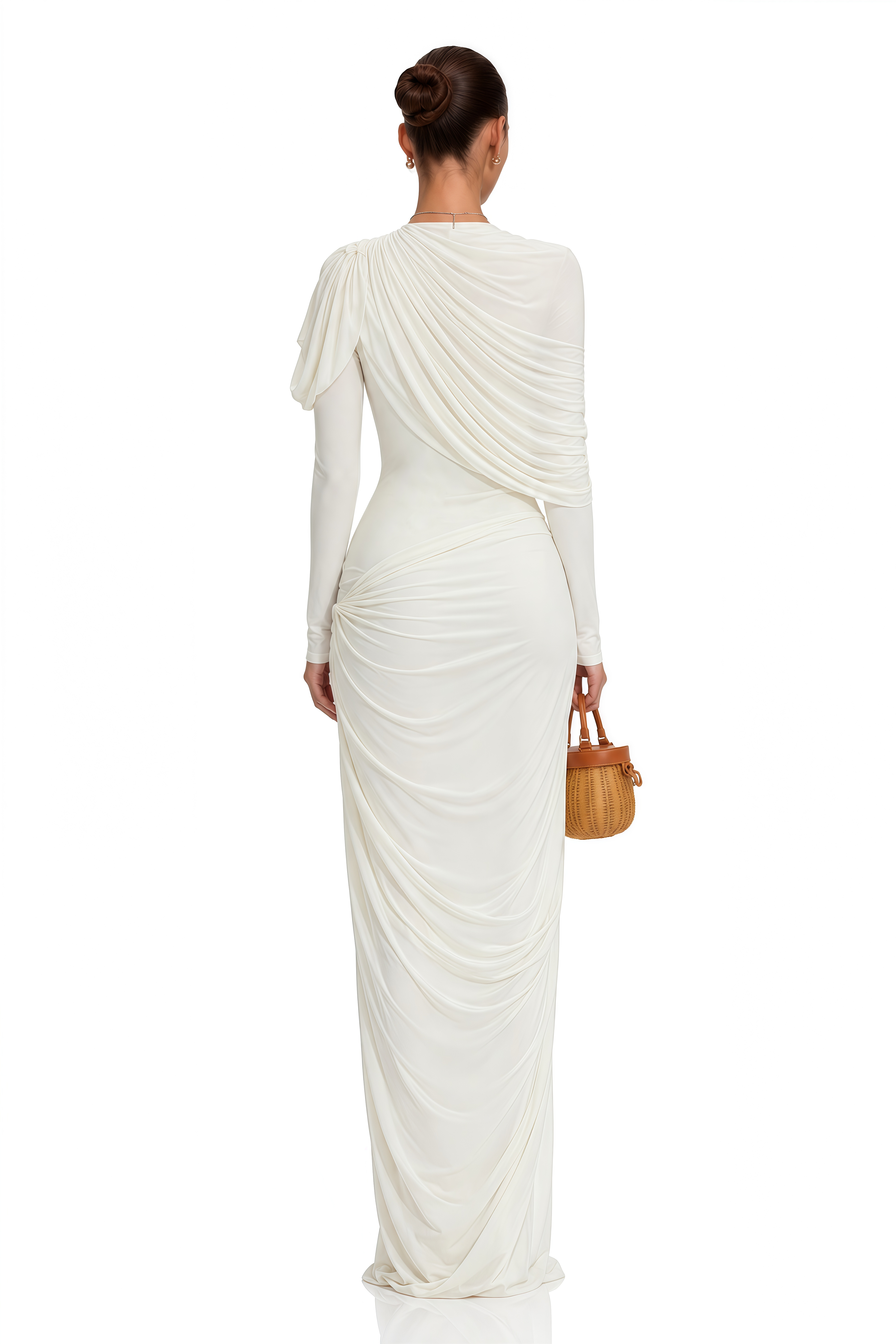 Bronwyn White Draped Pleated Asymmetrical Maxi Dress