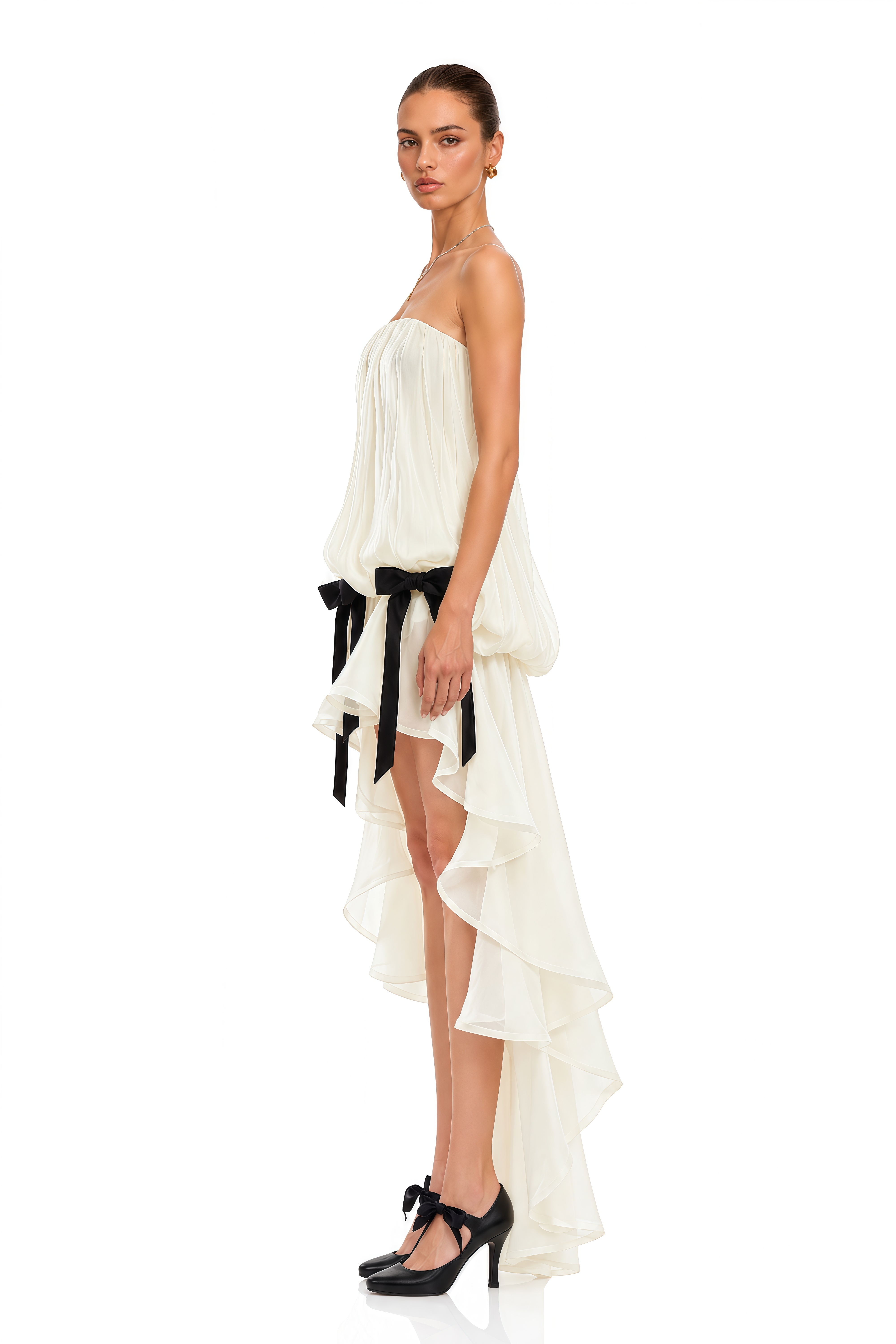 Rosario White Ruched Mini Dress with Bow
