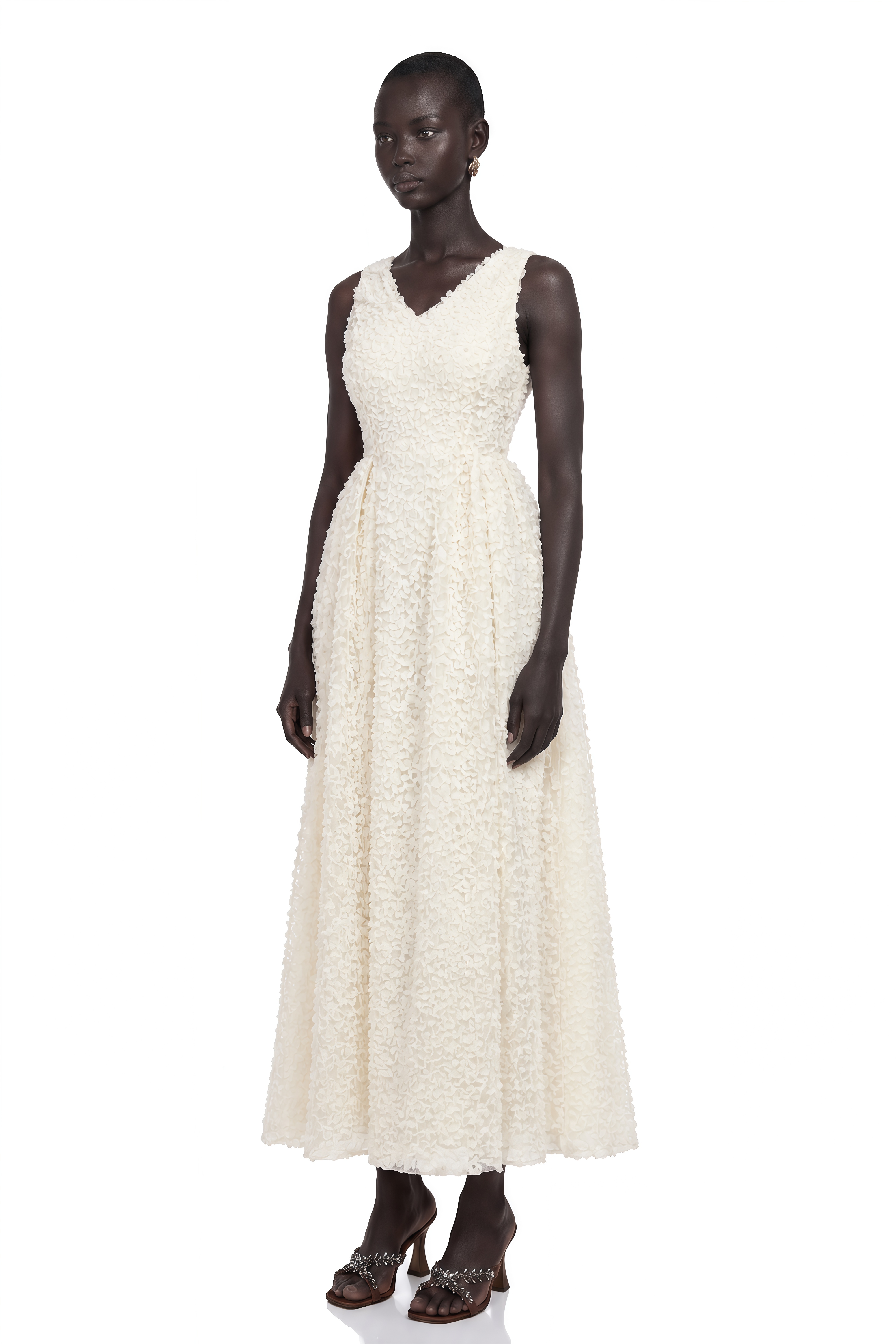 Luciana White Sleeveless Midi Dress with Fitted Bodice