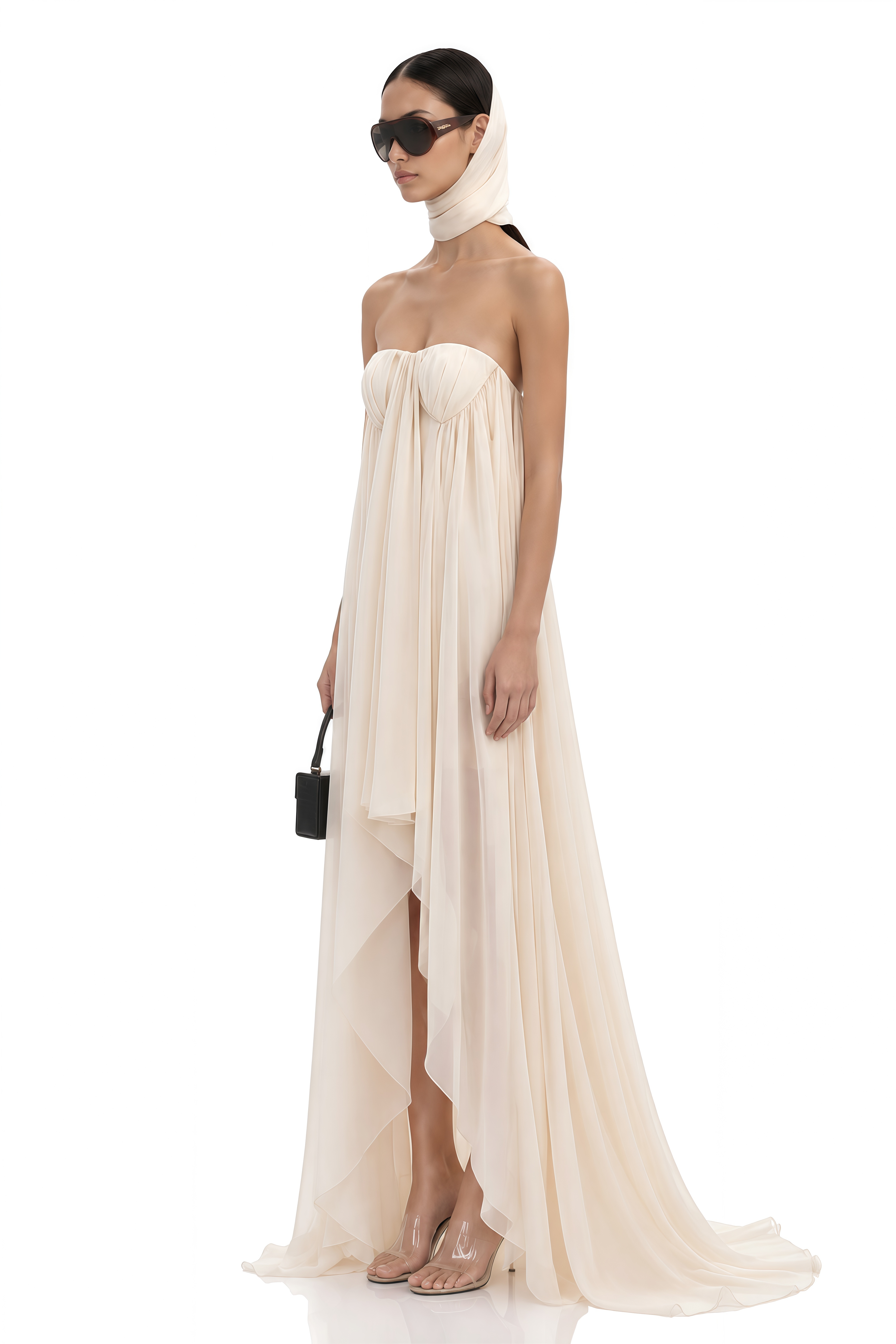 Anneli Beige Mullet Chiffon Midi Dress