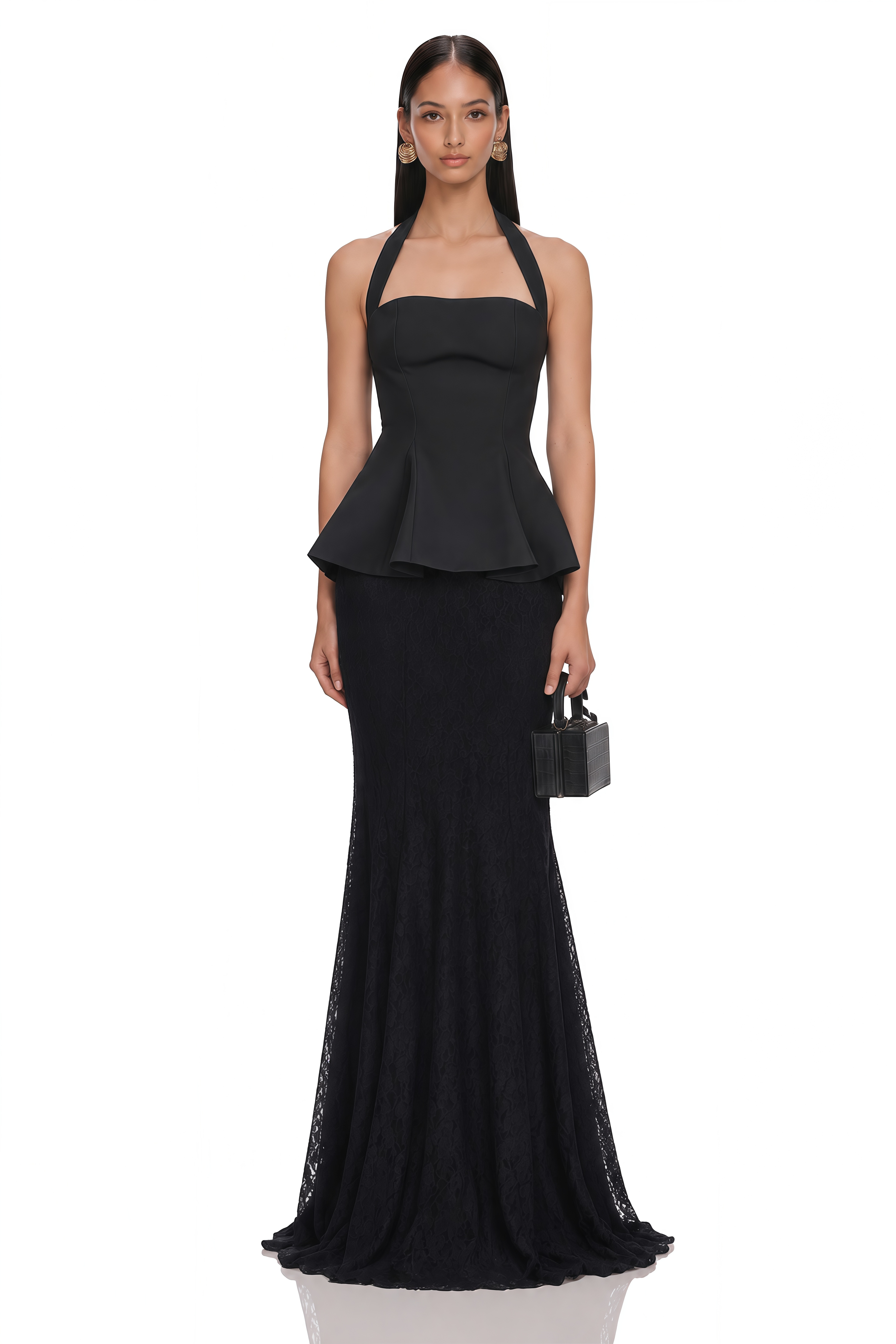 Whitley Black Halterneck Top & Lace Skirt Set