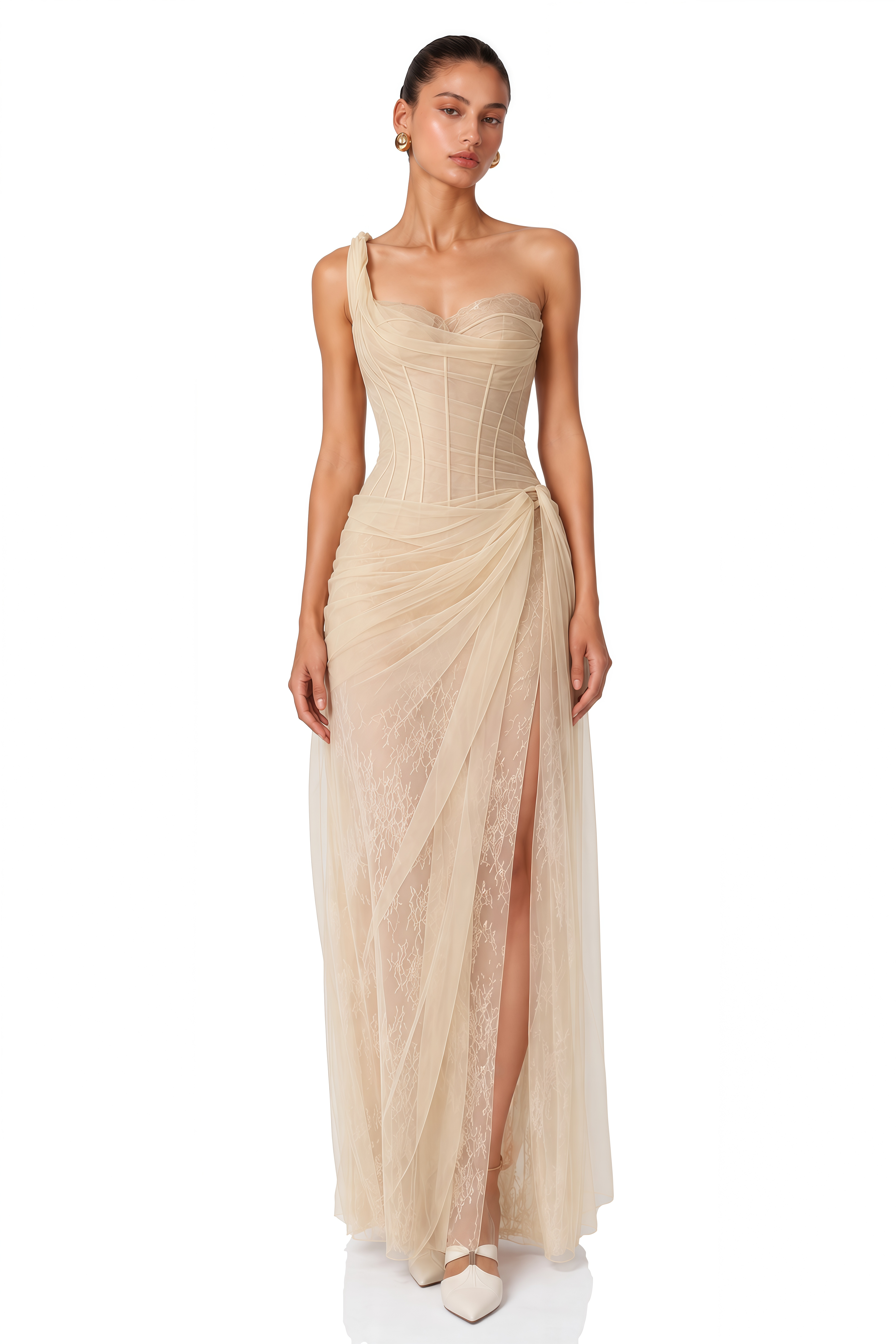 Juno Neutral Pleated Mesh Midi Dress
