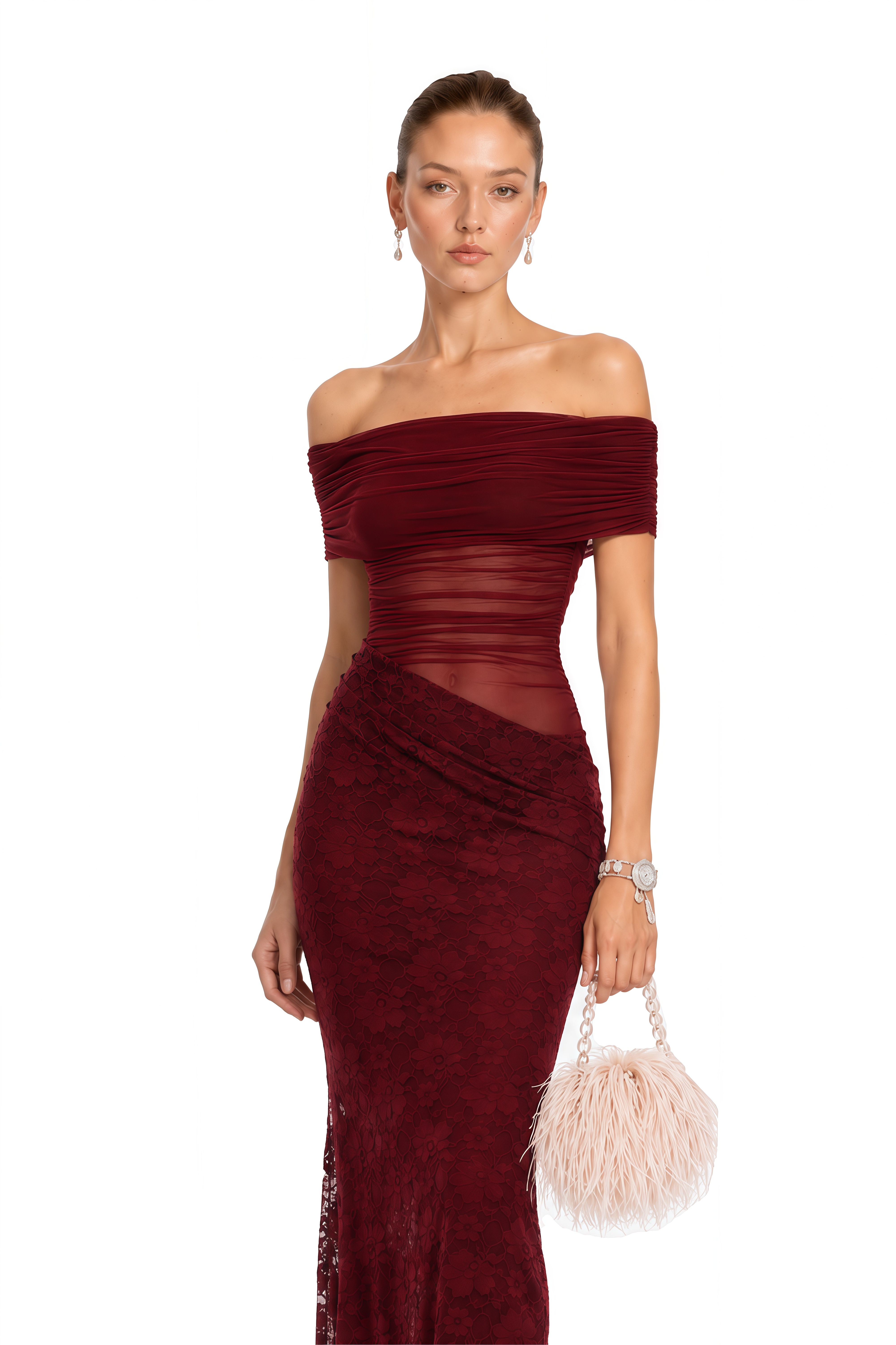 Dianthe Red Lace Panel Mesh Midi Dress